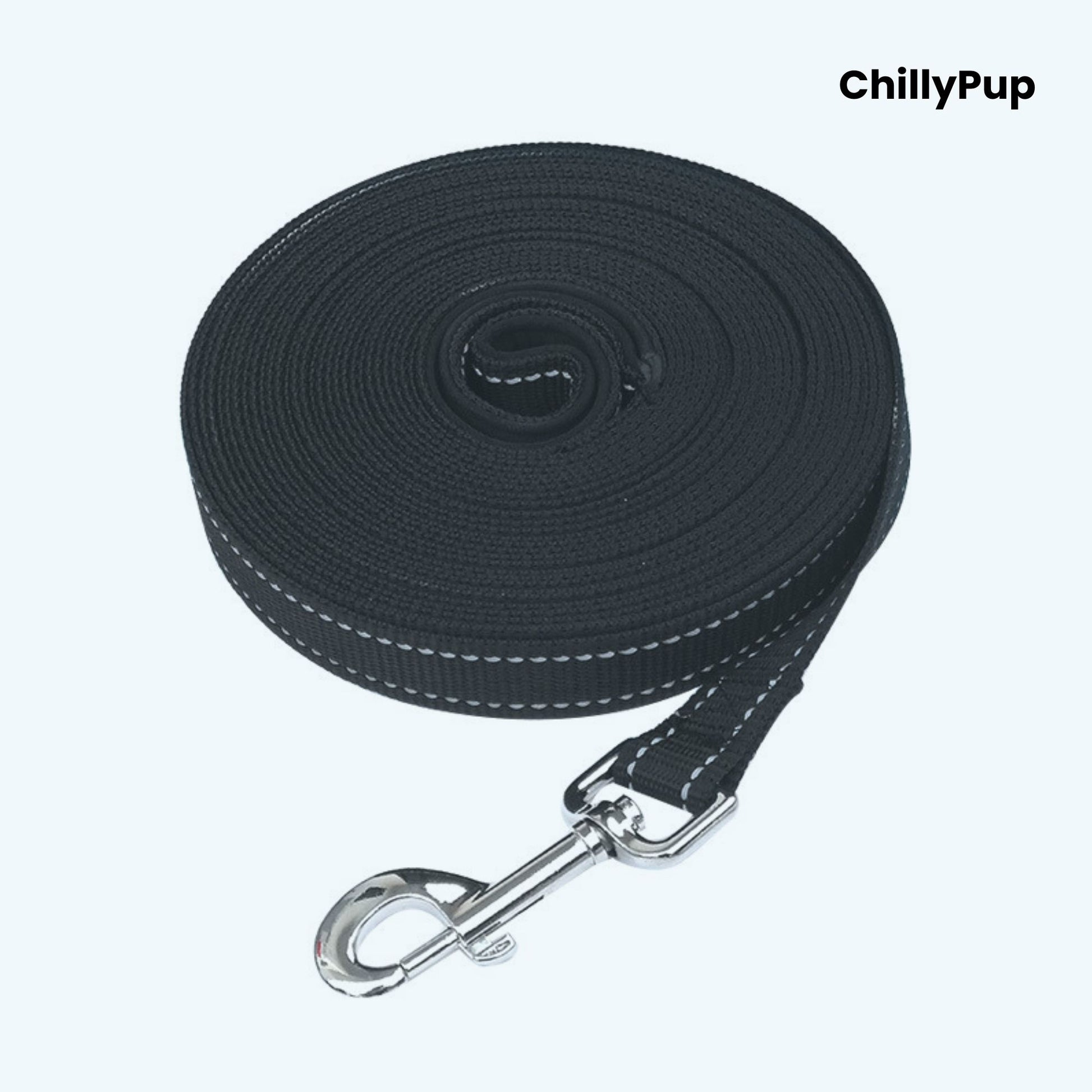 black dog training Leads with metal hooks on a white background, branded 'ChillyPup'.