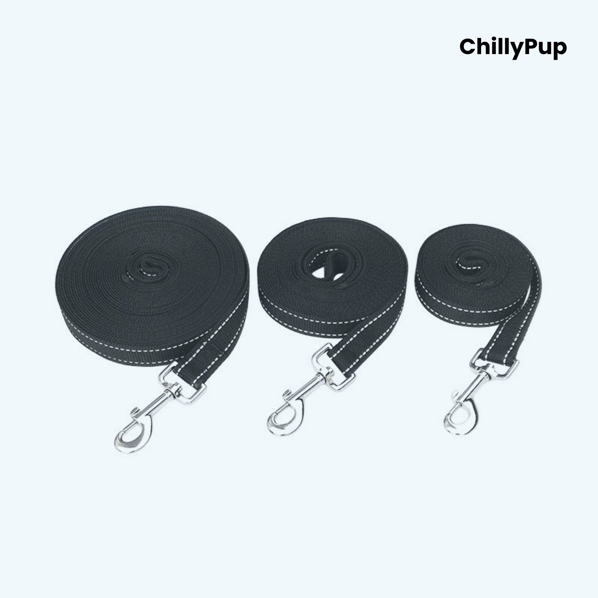 Three black dog training Leads with metal hooks on a white background, branded 'ChillyPup'.