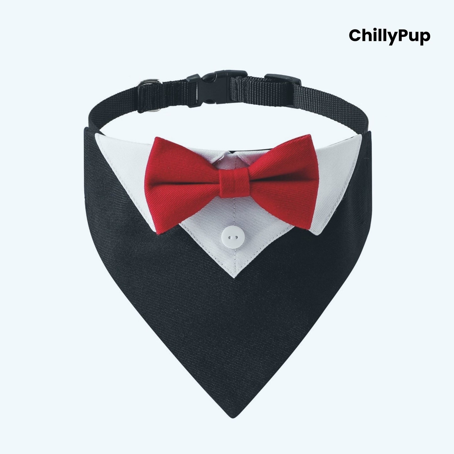 Luxury Dog Tuxedo Bandana with Bow Tie on a white background with Chillypup branding