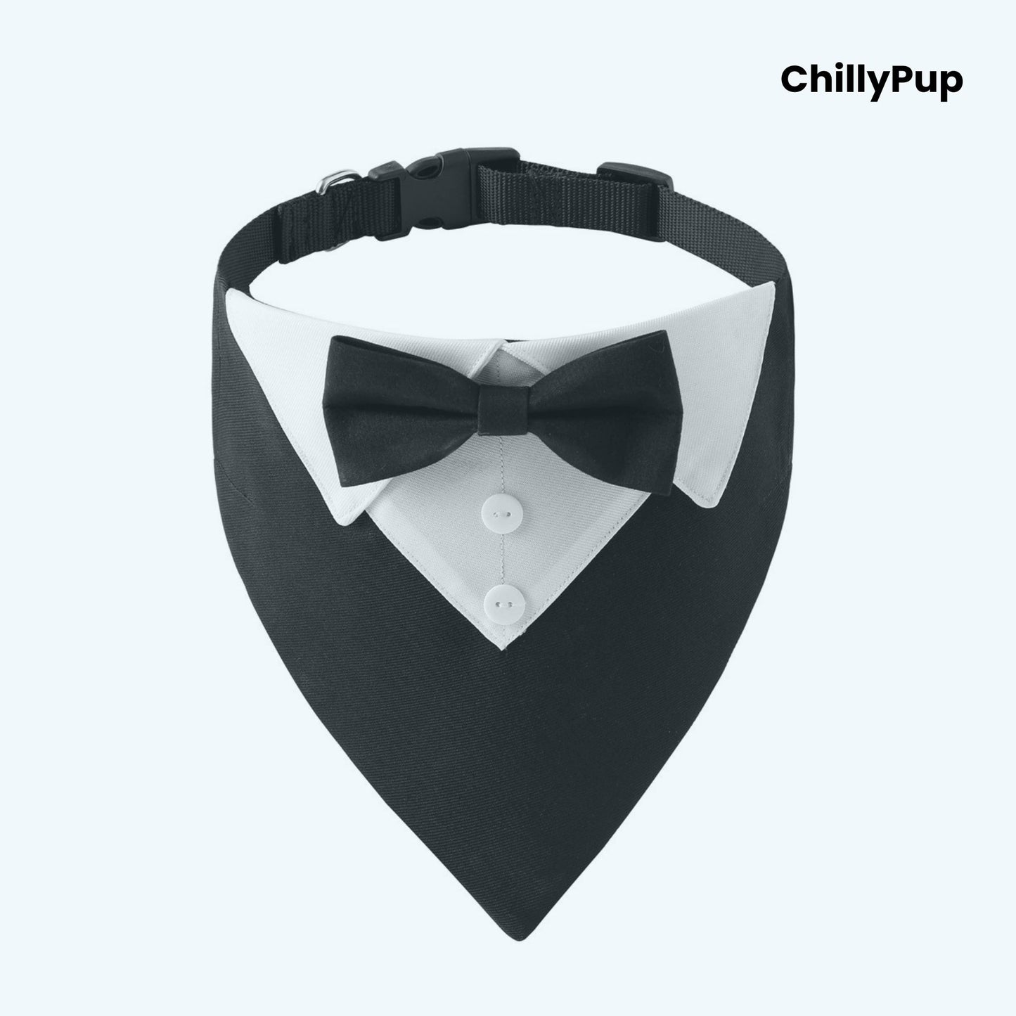 Luxury Dog Tuxedo Bandana with Bow Tie on a white background with Chillypup branding