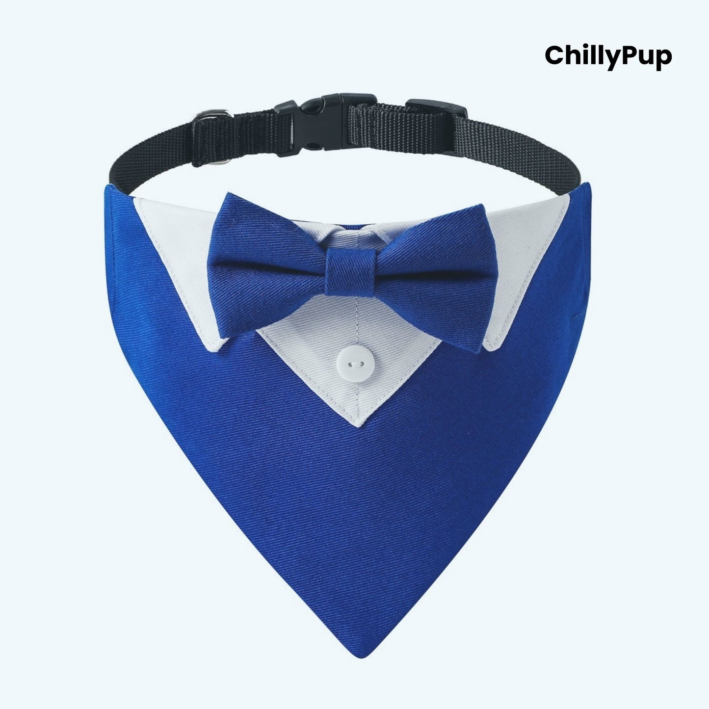 Luxury Dog Tuxedo Bandana with Bow Tie on a white background with Chillypup branding