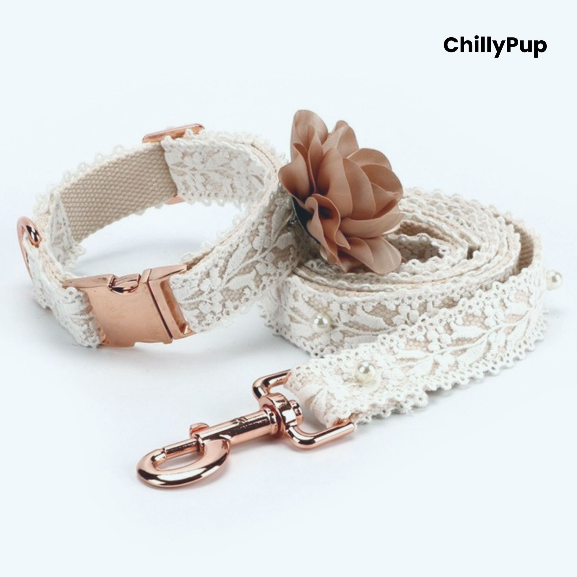 Dog Lead with floral accessory and rose gold hardware on a white background, branded 'ChillyPup'.