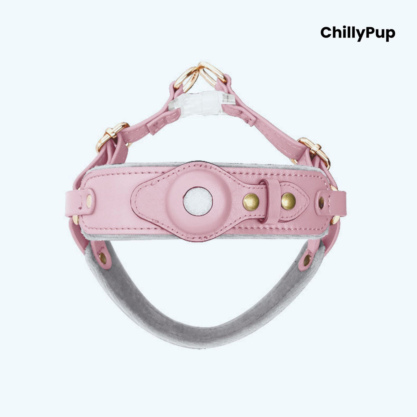 Leather Apple Airtag dog collar and harness on a white background with Chillypup branding.