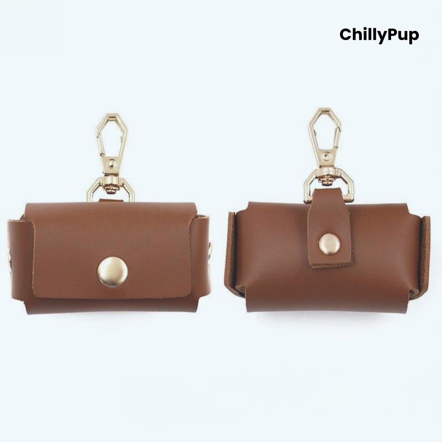 Two brown leather pouches with gold hardware on a white background, branded 'ChillyPup'.