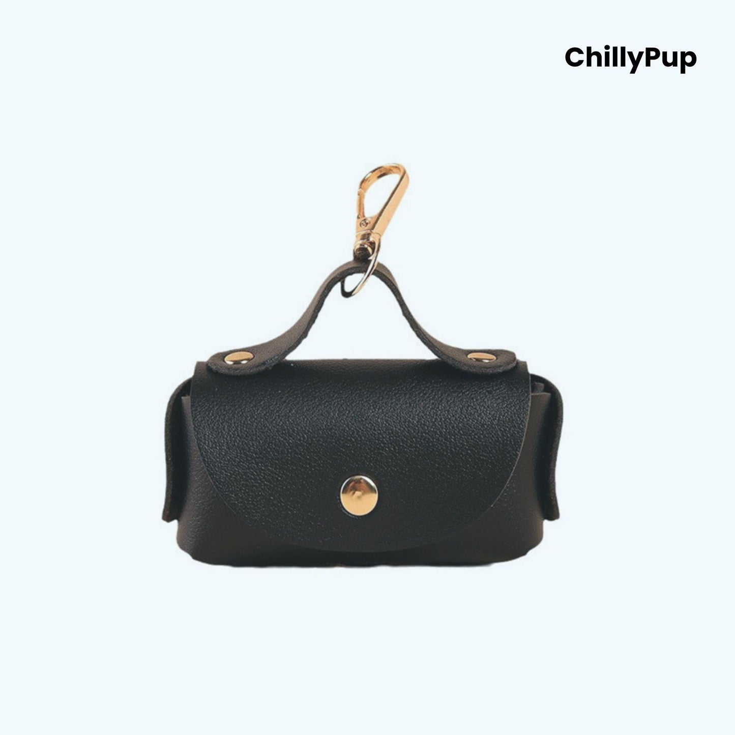 Black Luxury Leather Poo Bag Holder on a white background with ChillyPup branding.