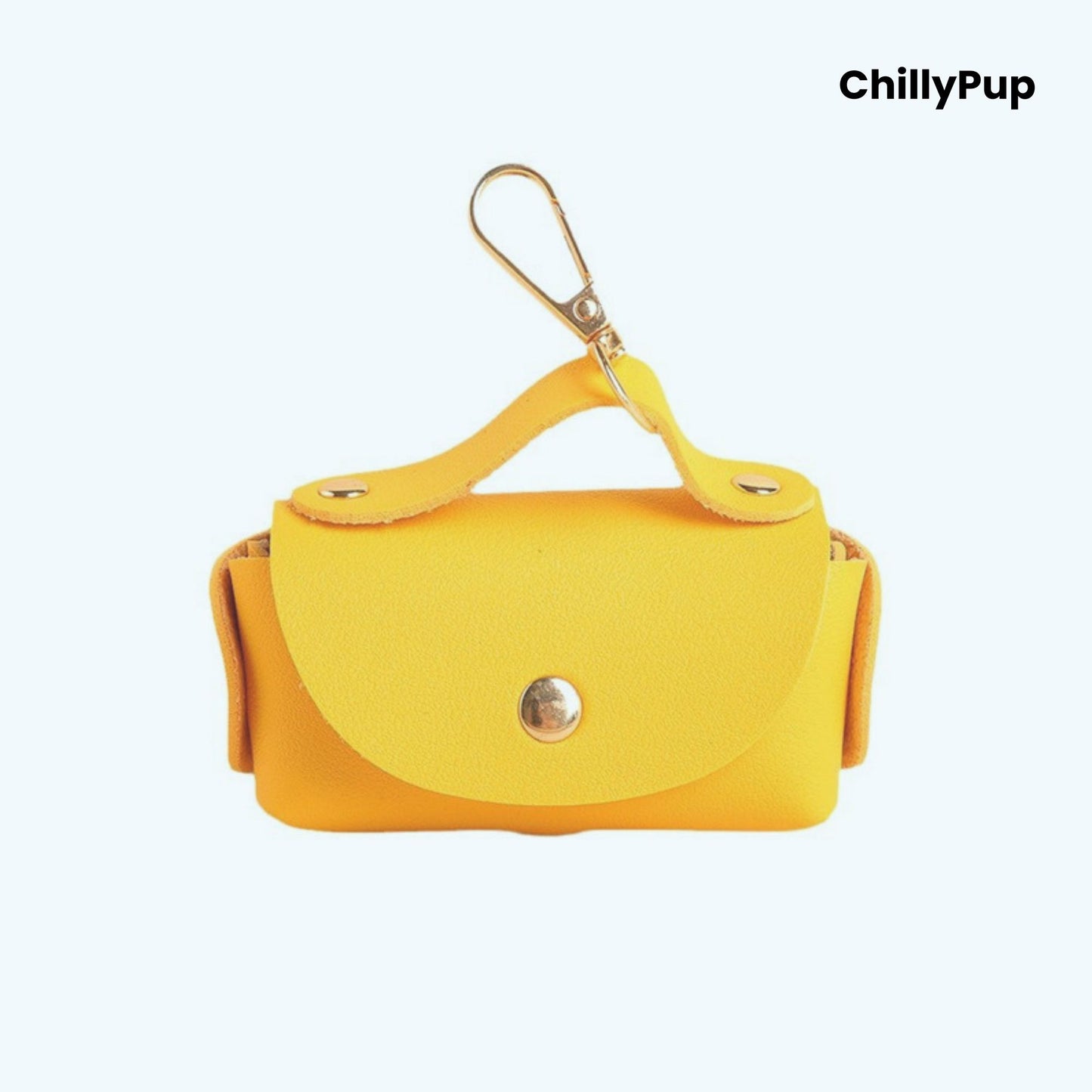 Yellow Luxury Leather Poo Bag Holder on a white background with ChillyPup branding.