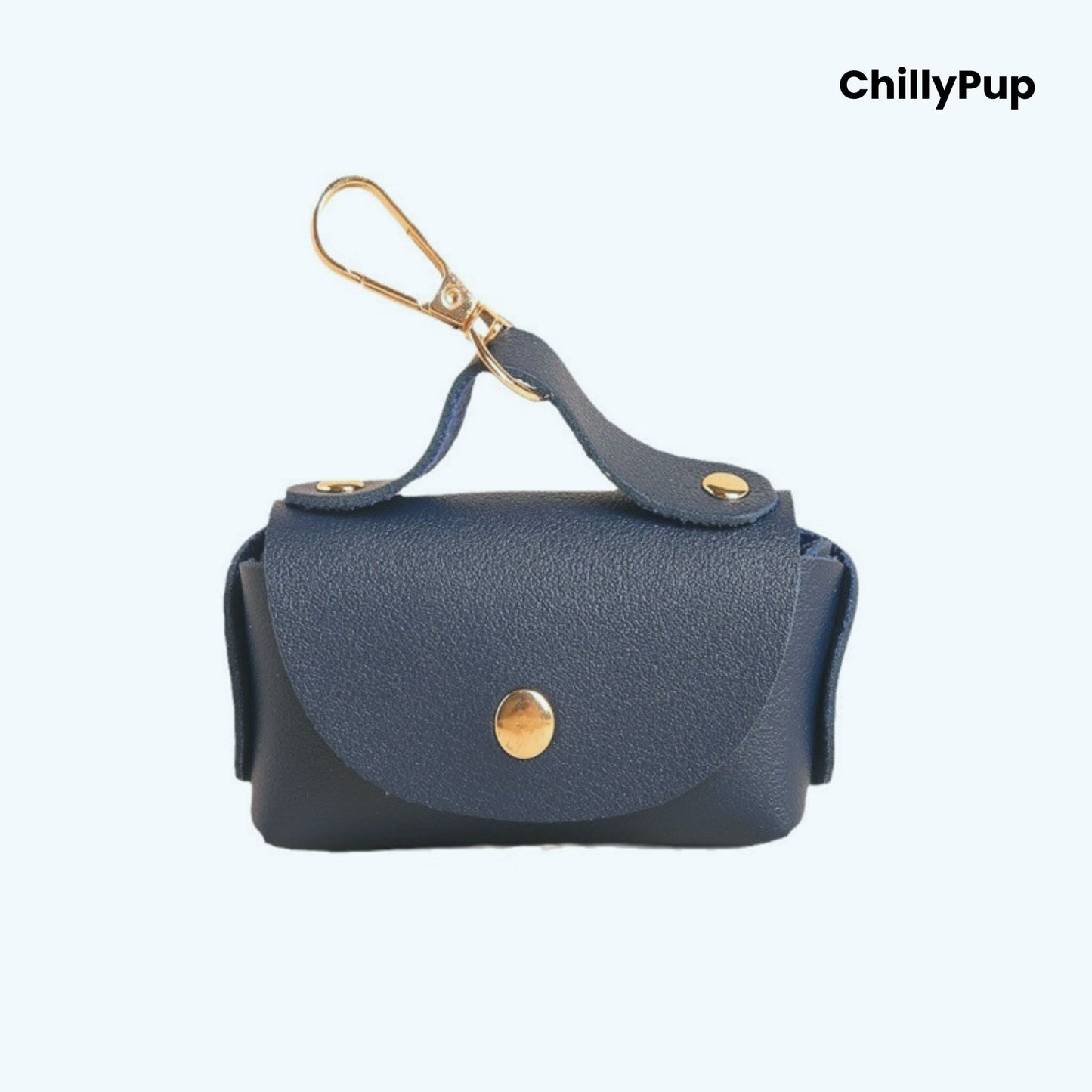 Dark blue Luxury Leather Poo Bag Holder on a white background with ChillyPup branding.