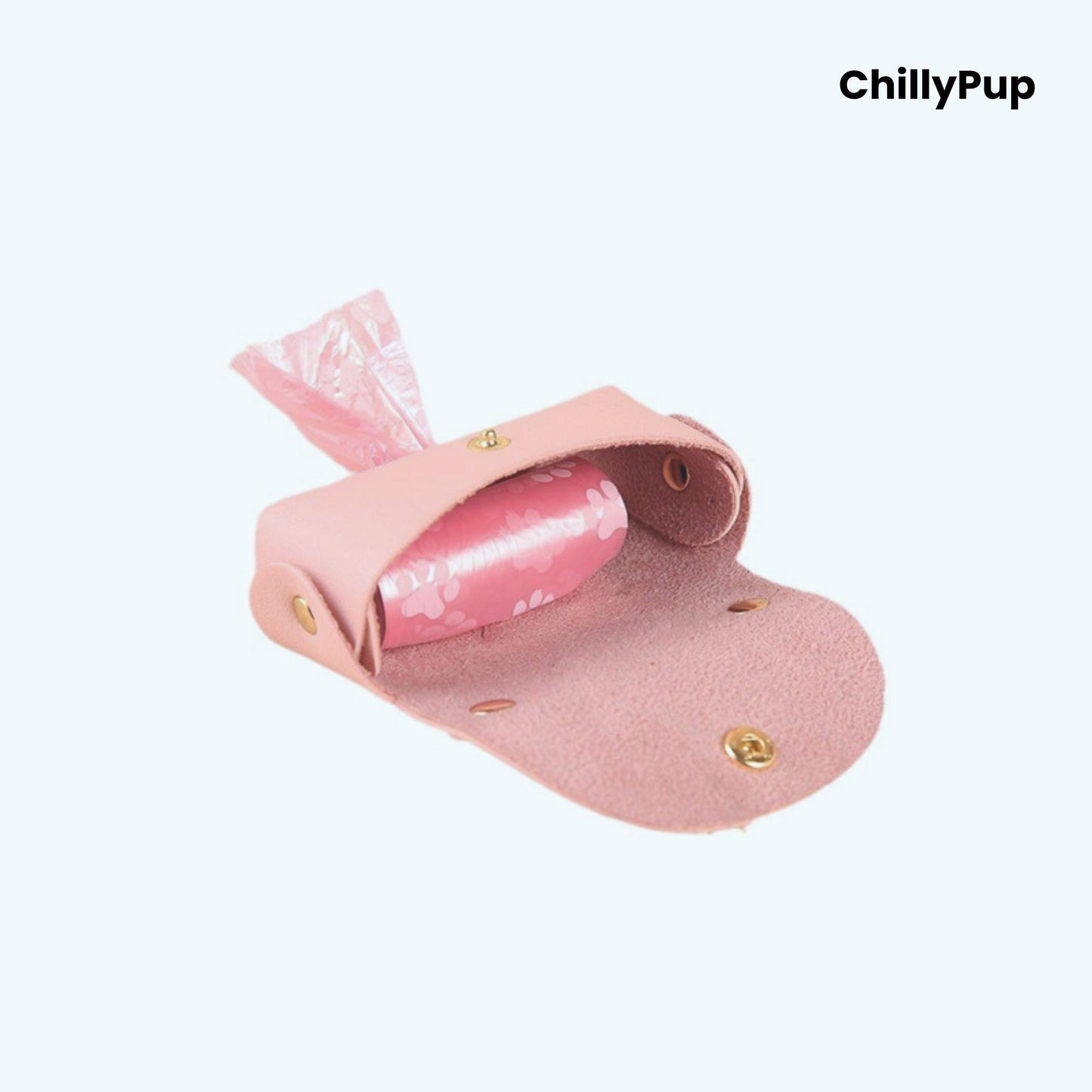 Pink Luxury Leather Poo Bag Holder on a white background with ChillyPup branding.