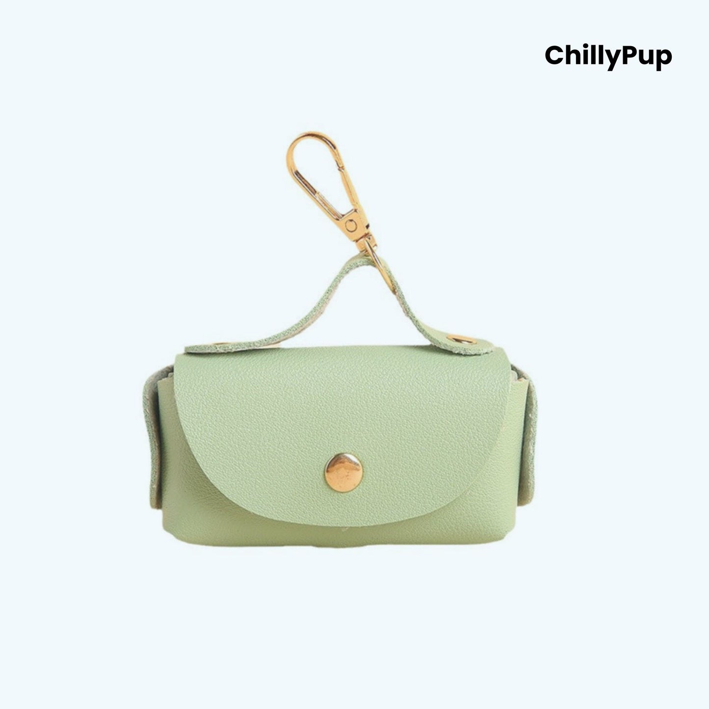 Light Green Luxury Leather Poo Bag Holder on a white background with ChillyPup branding.
