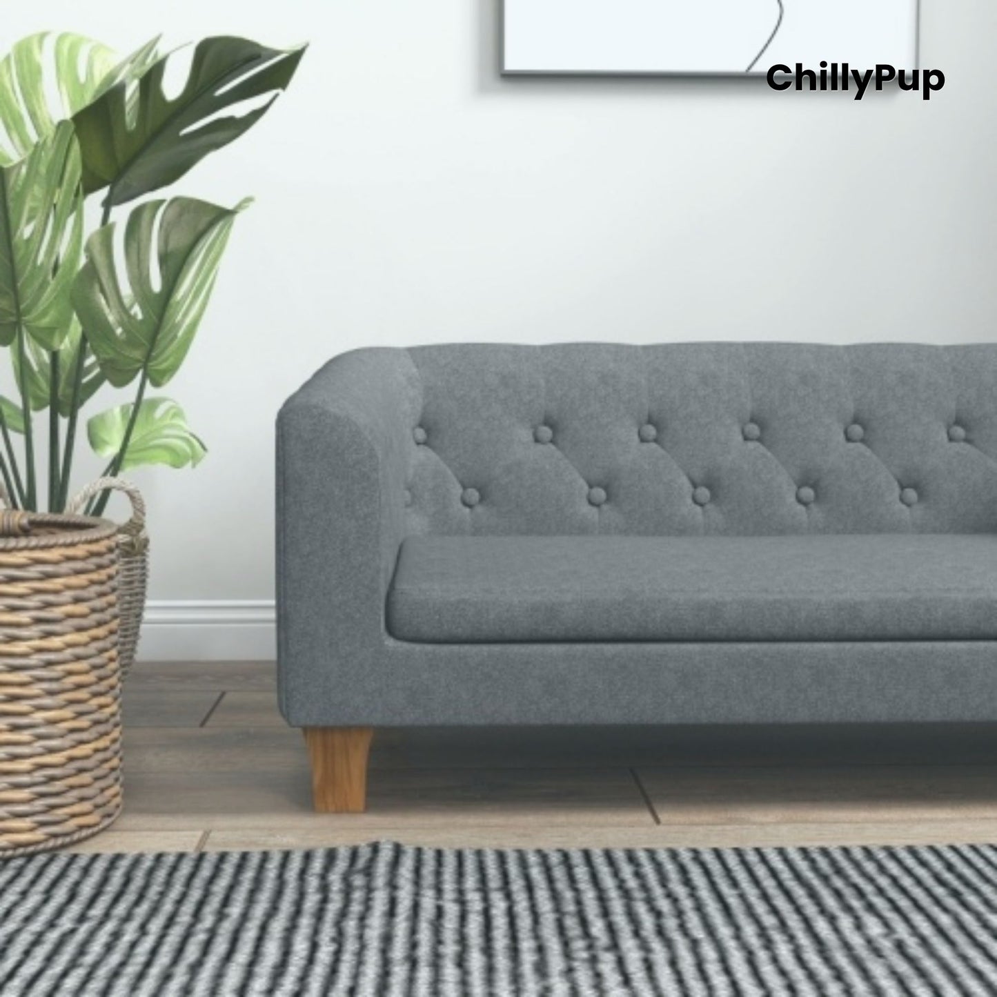 Grey sofa with tufted backrest on a white background, branded 'ChillyPup'.