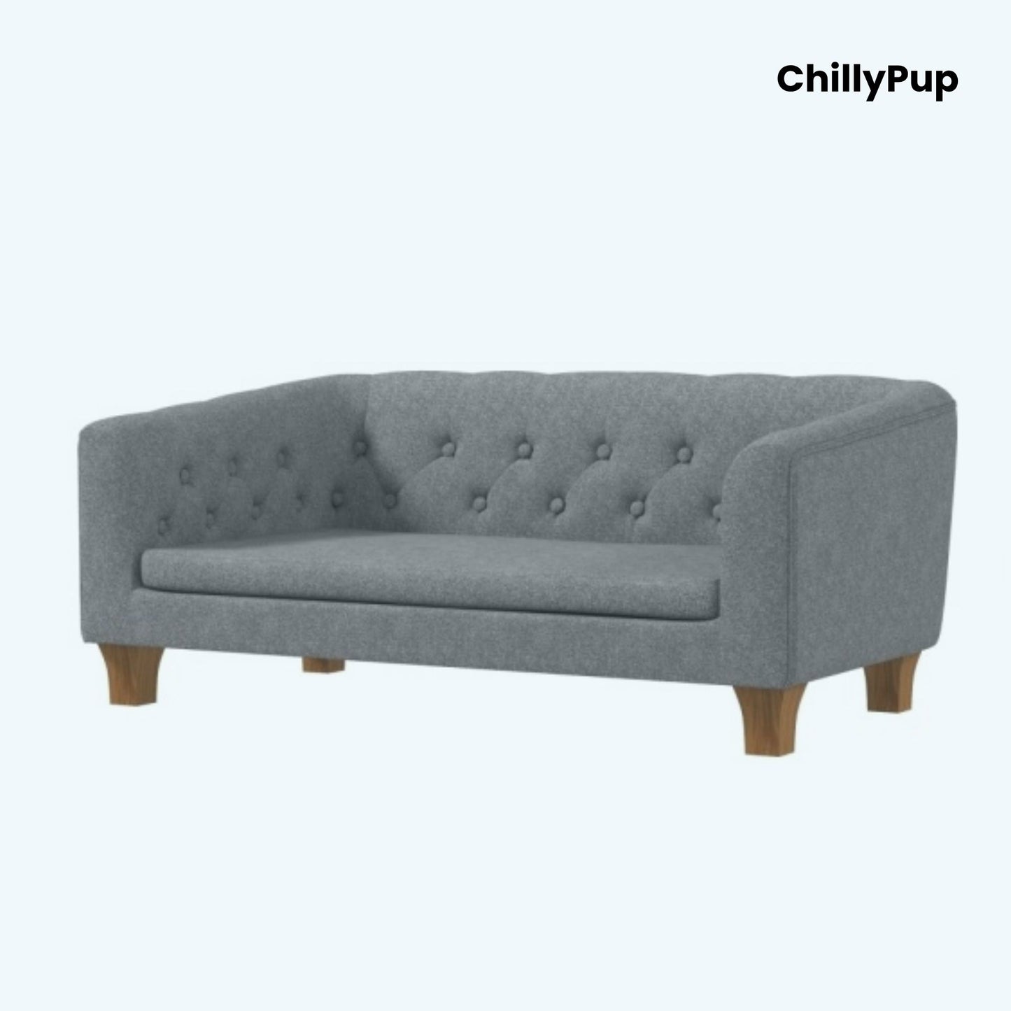 Grey sofa with tufted backrest on a white background, branded 'ChillyPup'.