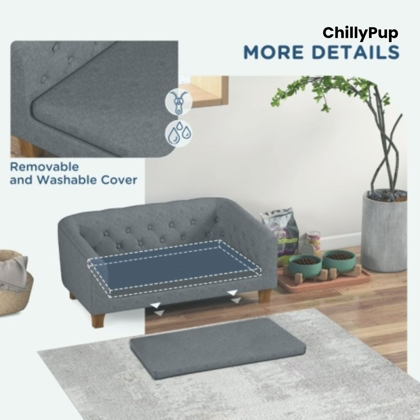 Grey pet bed with cover, rug, and accessories on a wooden floor with plants in the background.