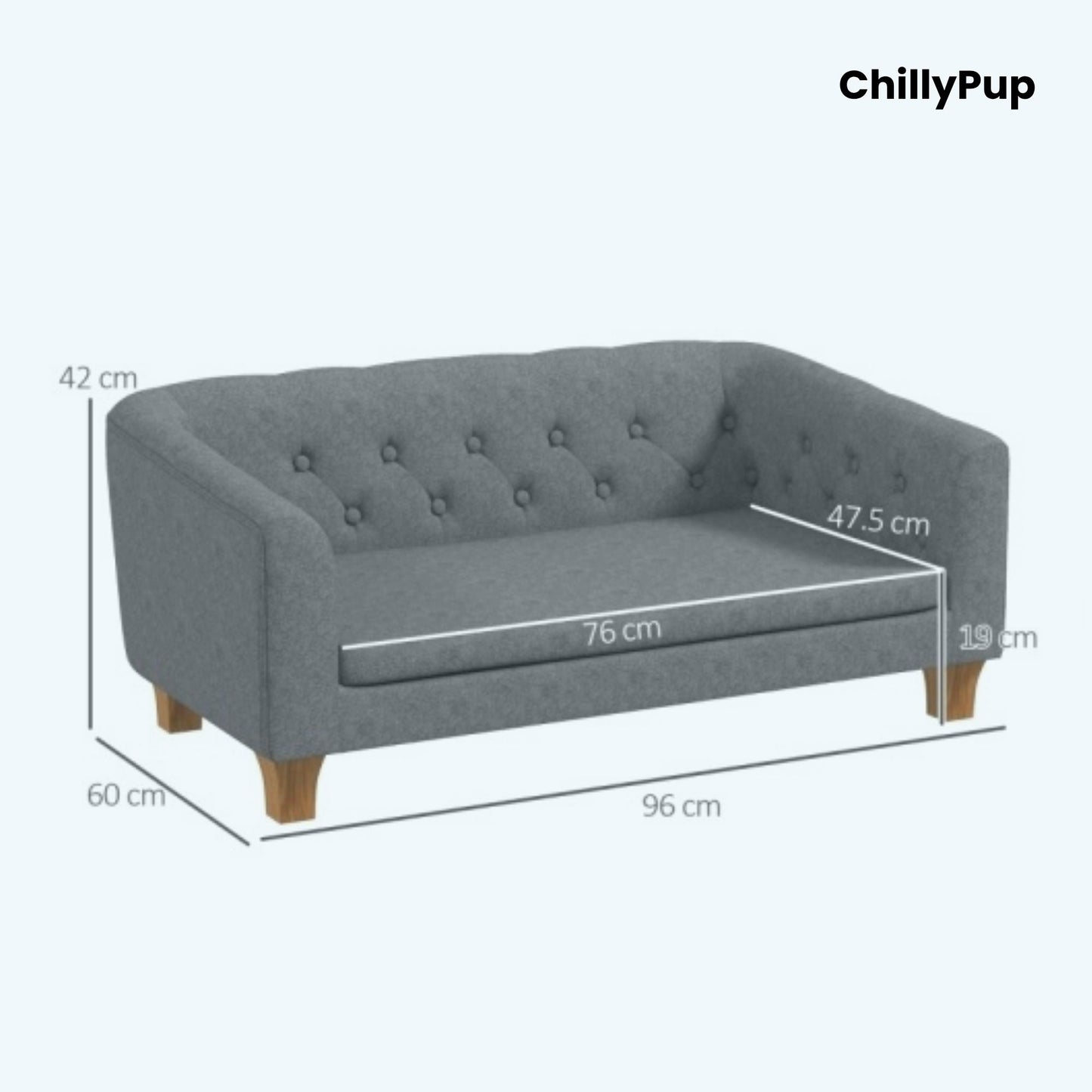 Grey sofa with dimensions labelled on a white background, featuring the brand 'ChillyPup'.