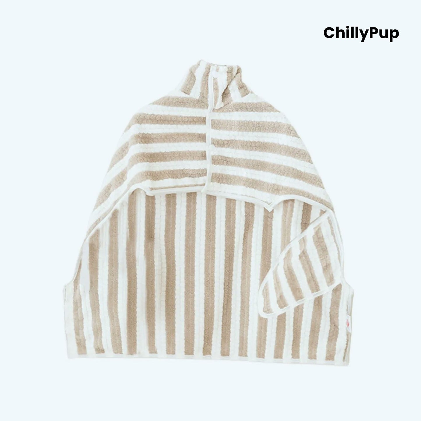 Striped pet robe with 'ChillyPup' branding on a white background