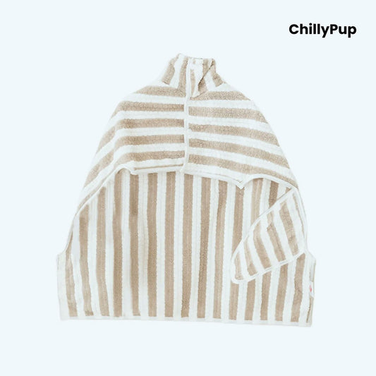 Striped pet robe with 'ChillyPup' branding on a white background