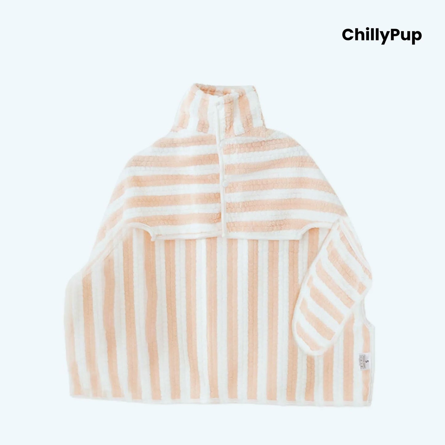 Striped pet robe with 'ChillyPup' branding on a white background