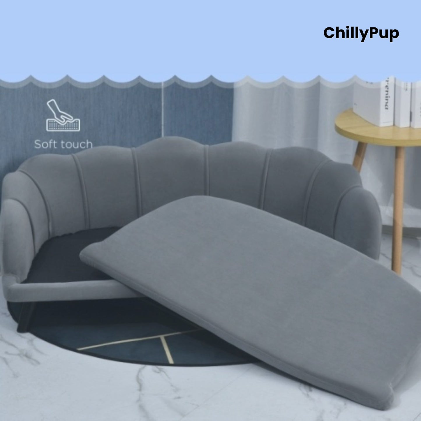 Gray sofa with labelled backrest and armrest, featuring 'ChillyPup' branding.