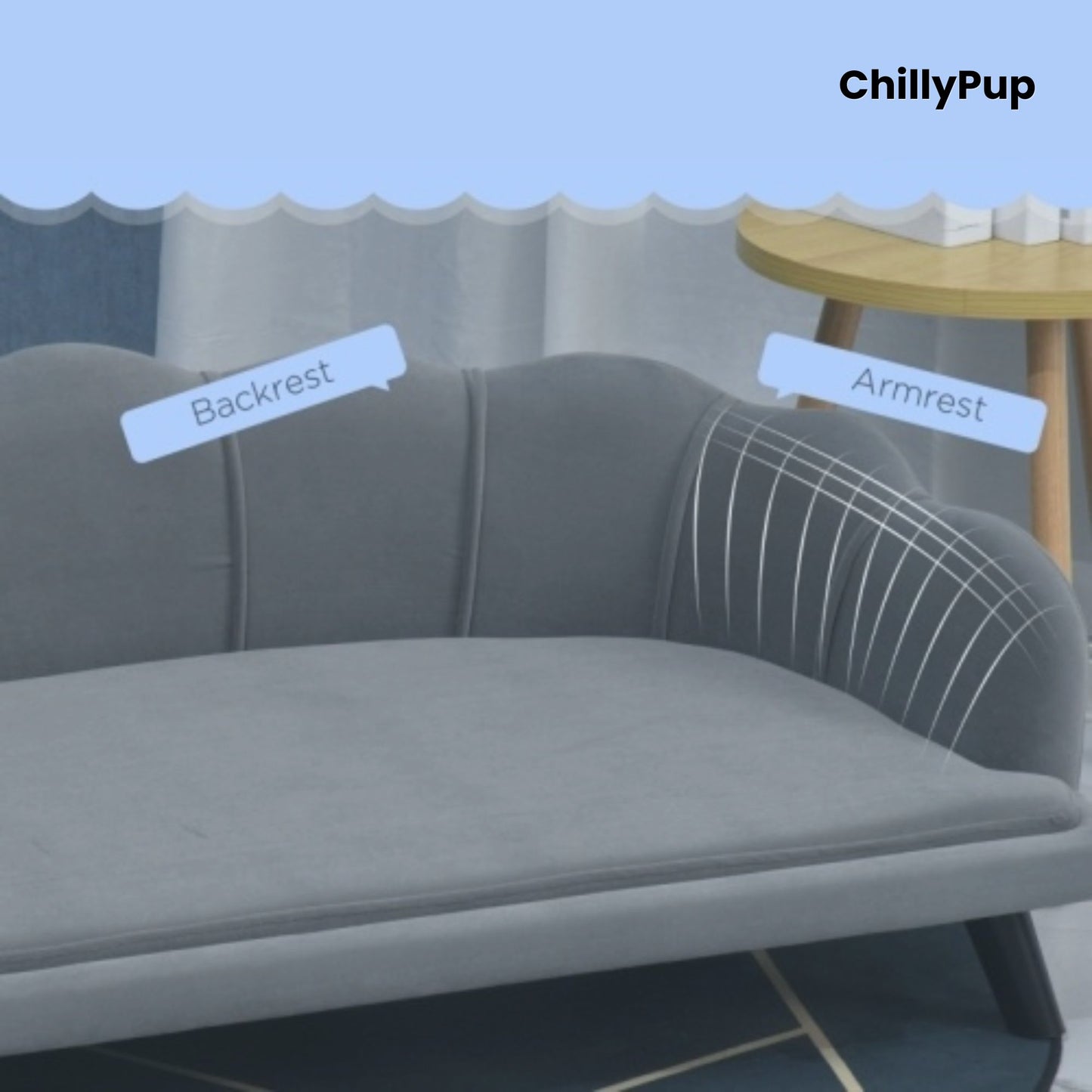 Grey sofa with labeled backrest and armrest, featuring 'ChillyPup' branding.