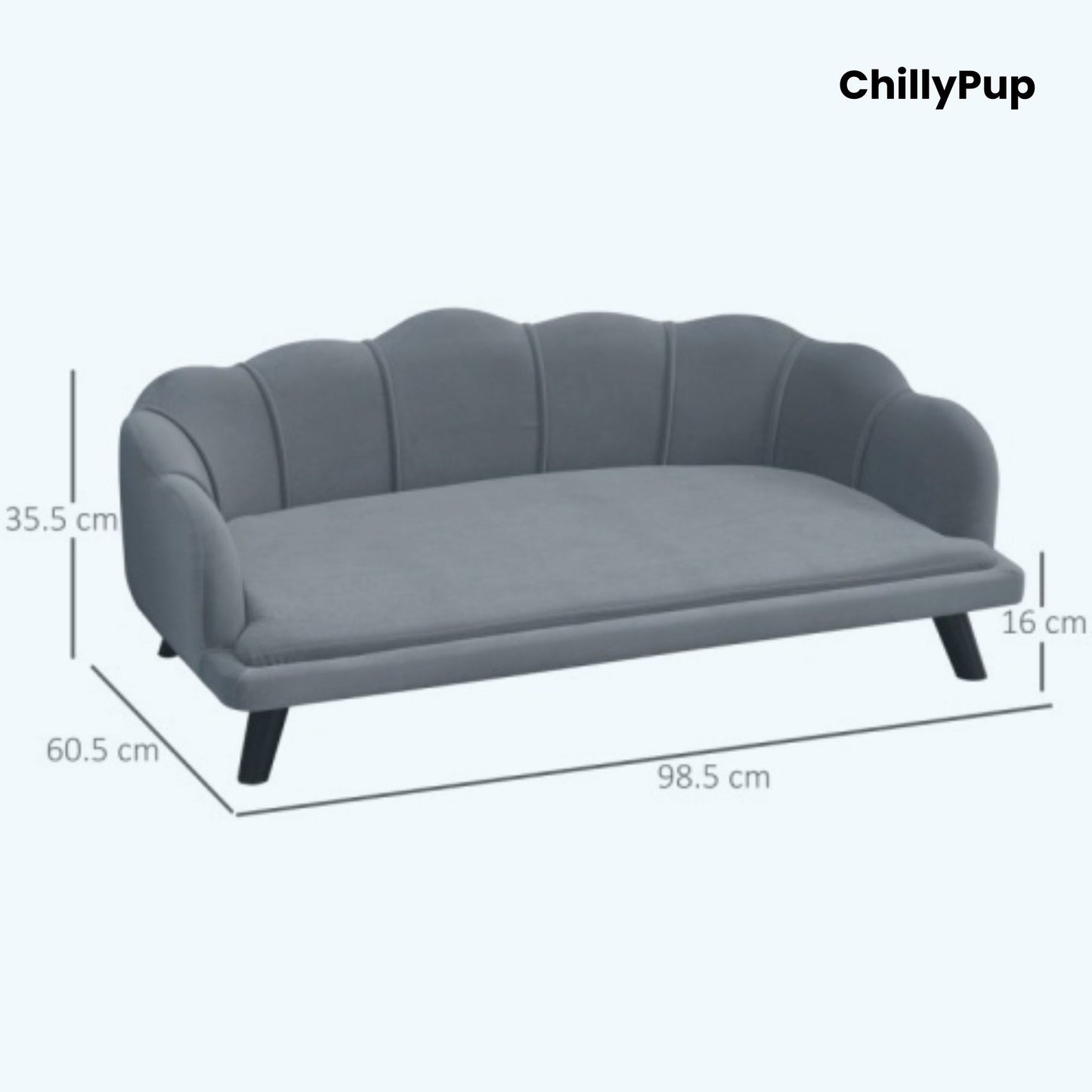 Grey pet bed with scalloped edges on a white background, branded 'ChillyPup'.