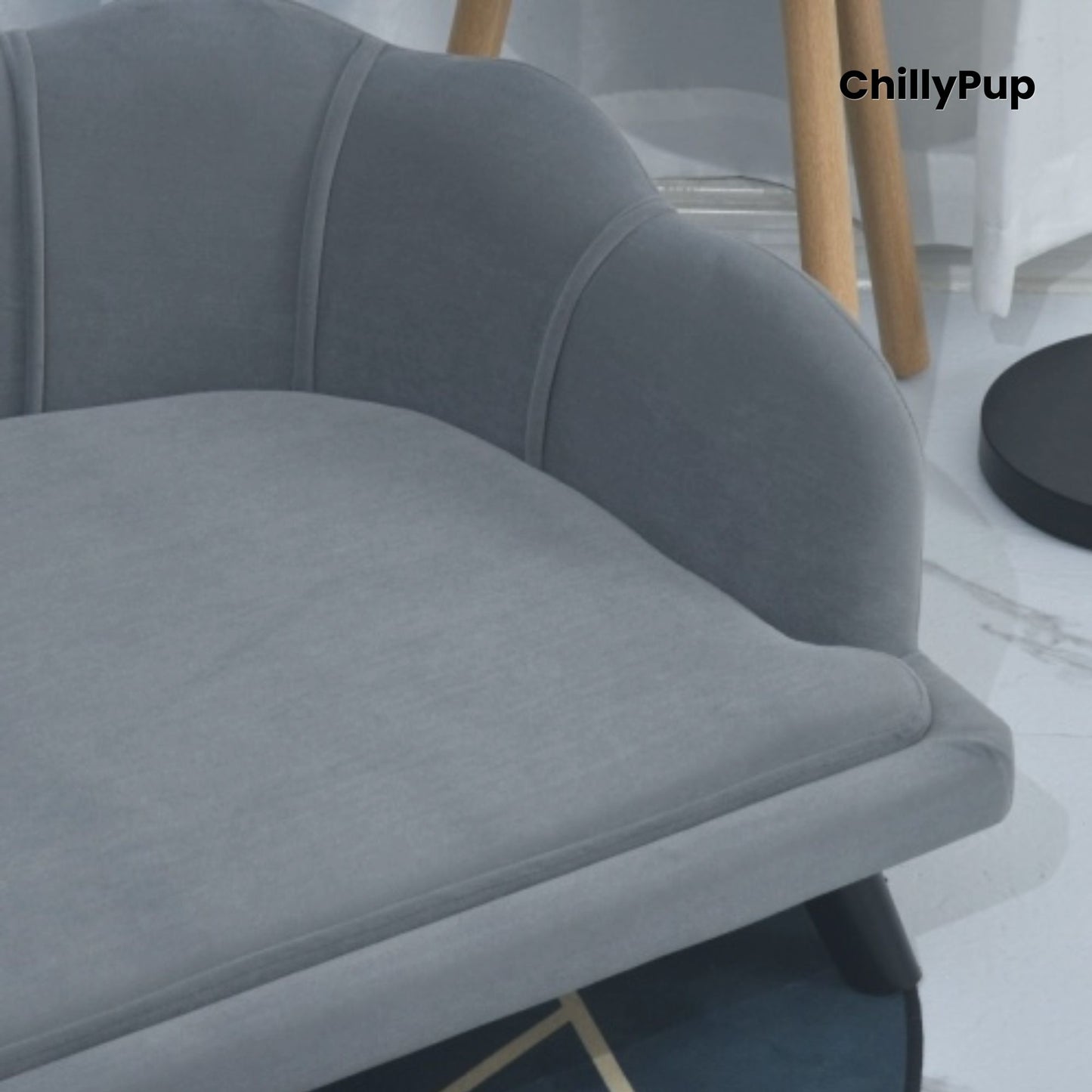 Grey pet bed with scalloped edges on a white background, branded 'ChillyPup'.