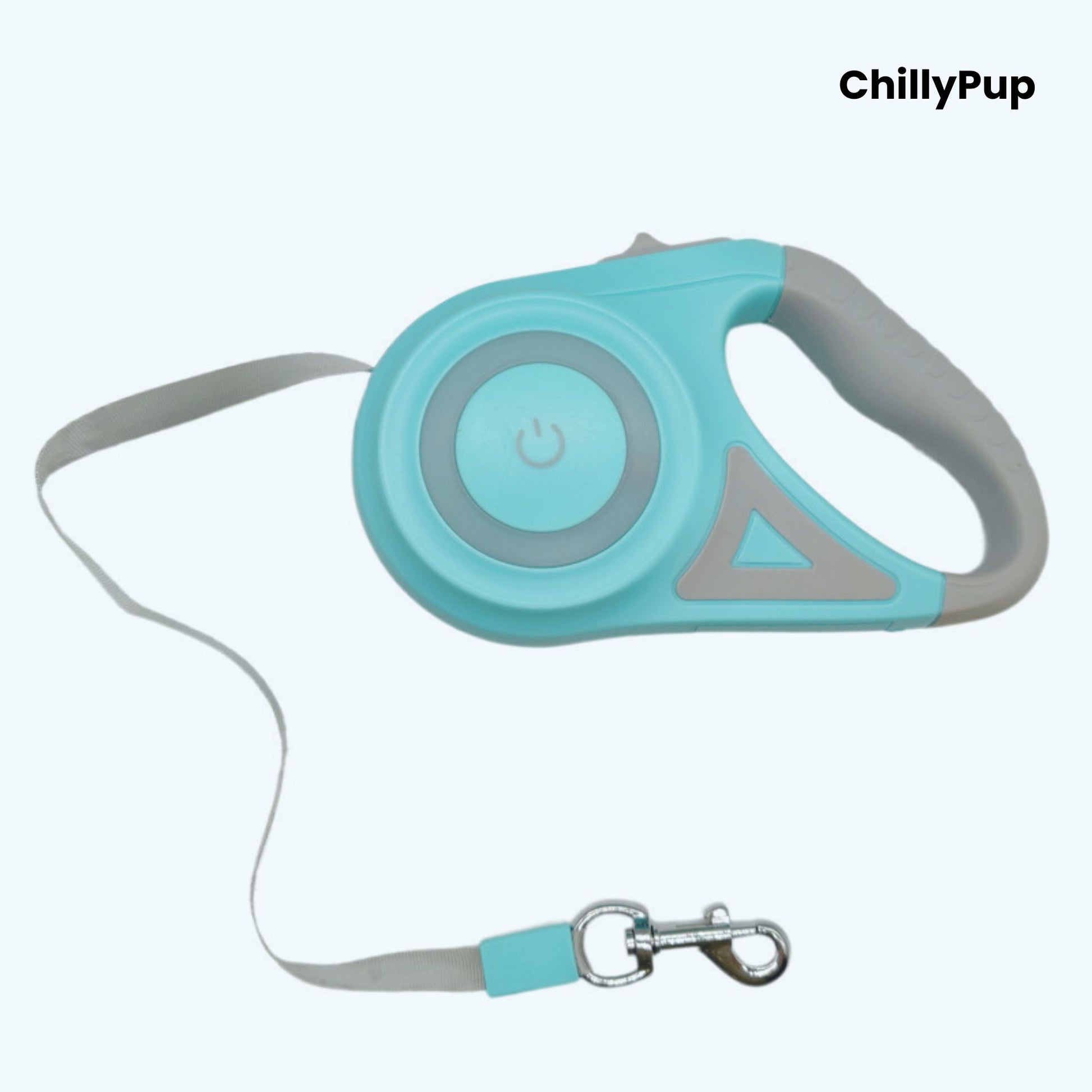 Retractable dog Lead with teal handle and grey strap on a white background, branded 'ChillyPup'.