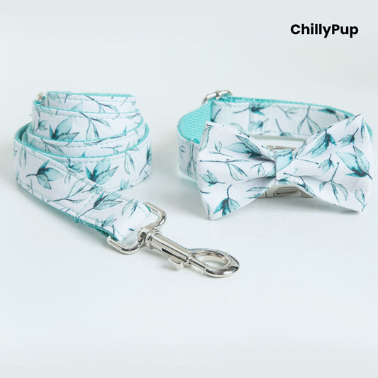 Dog collar, bow tie, and lead set with floral pattern on a white background, branded 'ChillyPup'.