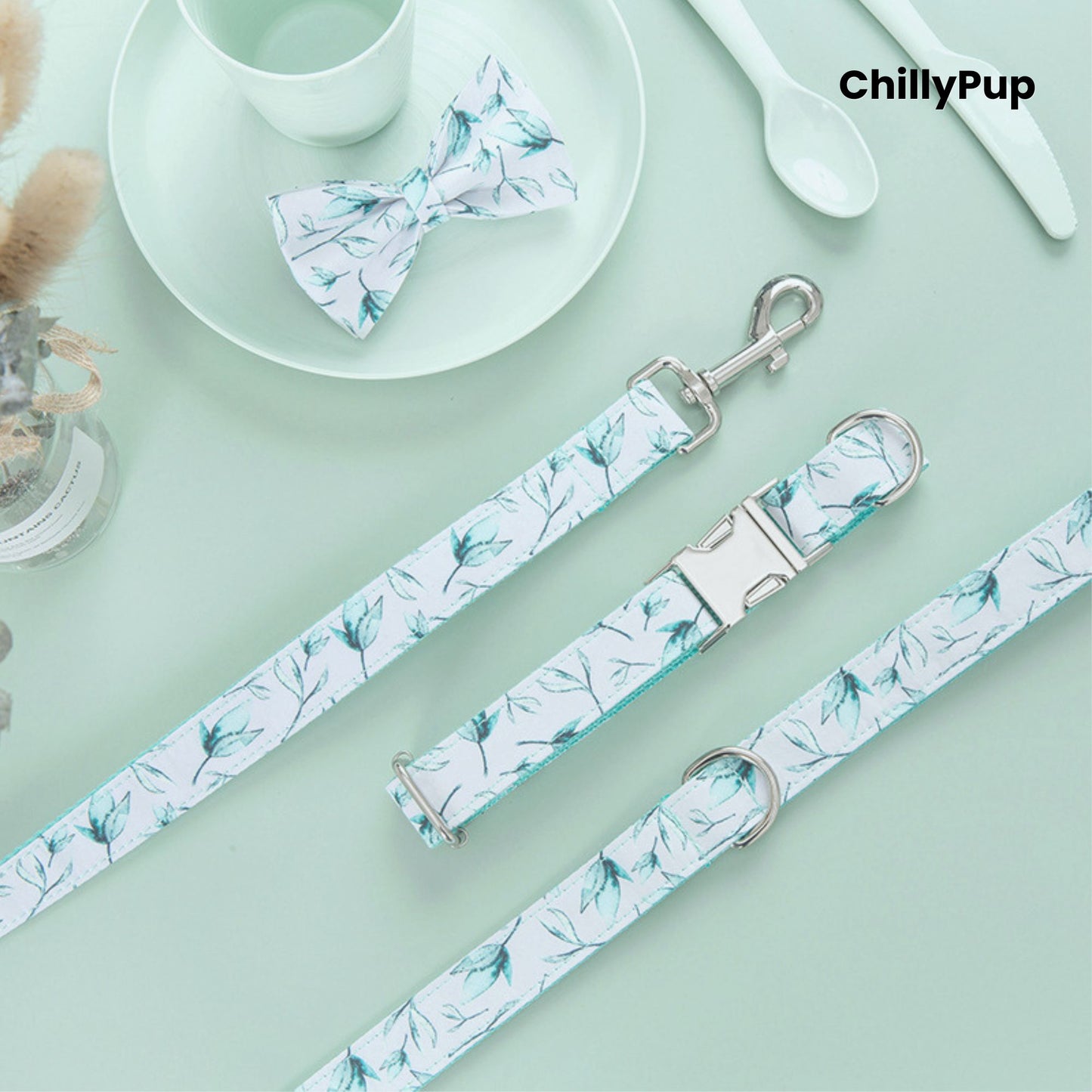 Dog collar, bow tie, and lead set with floral pattern on a white background, branded 'ChillyPup'.