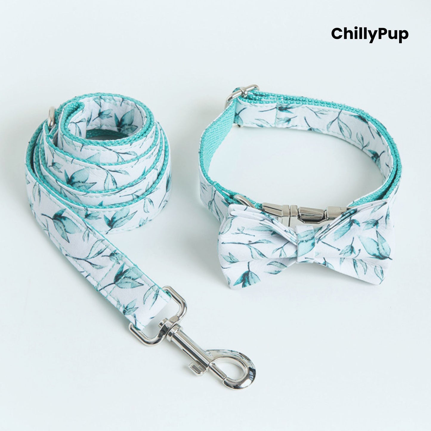 Dog collar, bow tie, and lead set with floral pattern on a white background, branded 'ChillyPup'.