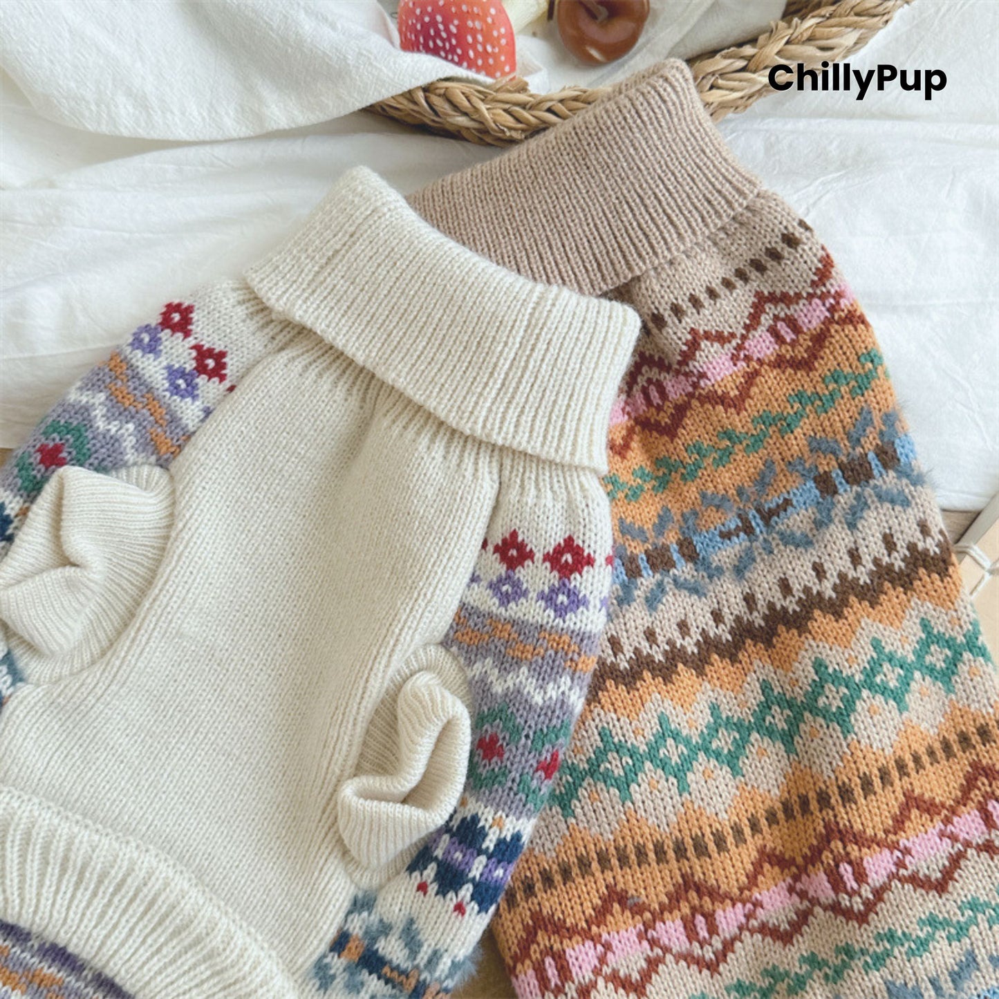 Knitted dog jumper with colourful pattern on a white surface, brand 'ChillyPup' visible.