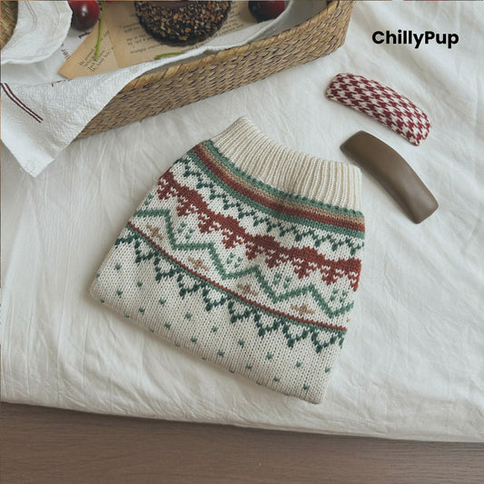 Nordic Winter Knit Dog Jumper – Cream & Forest Green with ChillyPup branding