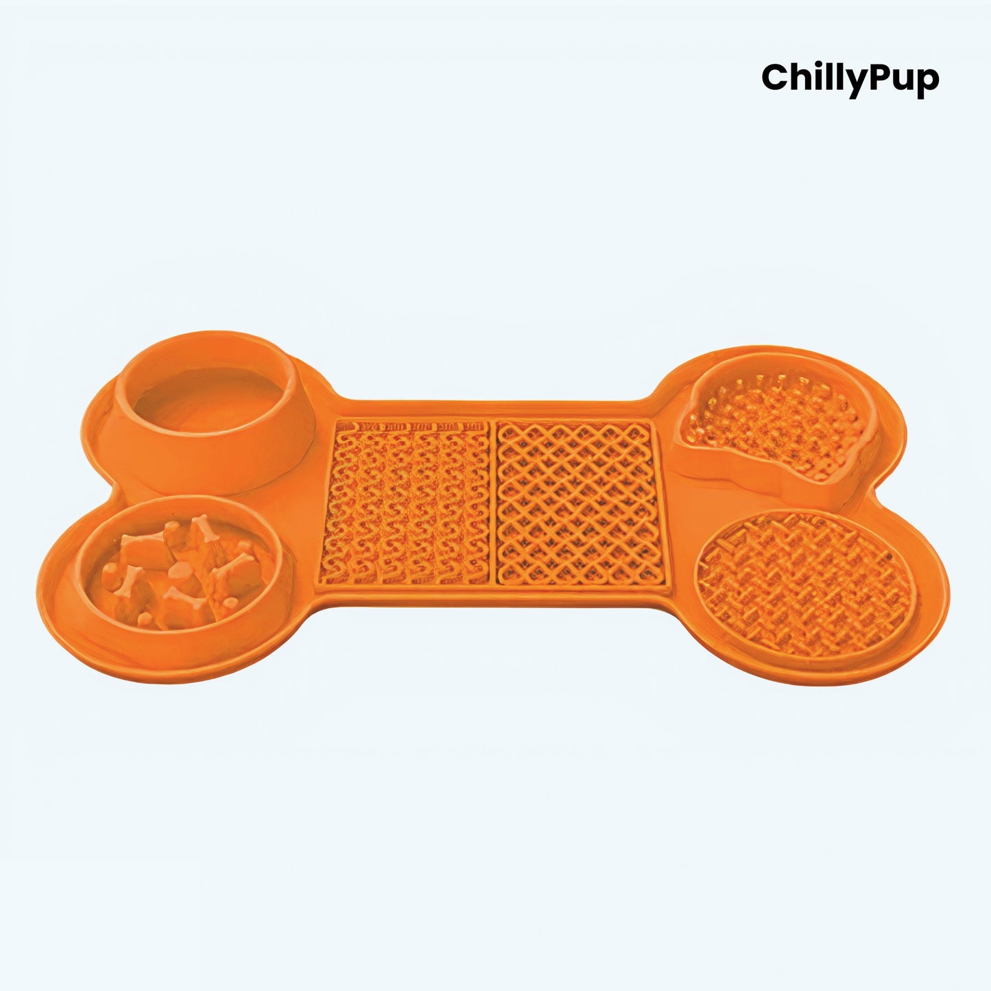 Orange bone-shaped pet mat with multiple compartments on a white background, branded 'ChillyPup'.