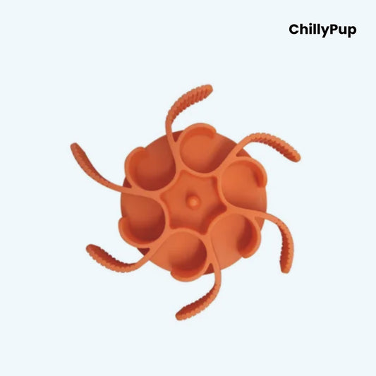 Orange silicone dog bowl slow feeder on a white background, branded 'ChillyPup'