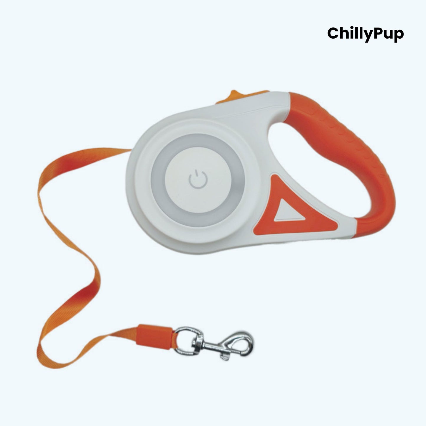 Retractable dog Lead with Orange handle and grey strap on a white background, branded 'ChillyPup'.