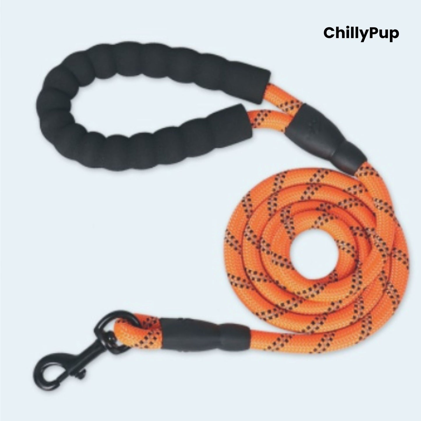 Orange dog Lead with black handle and clip on a white background, branded 'ChillyPup'.