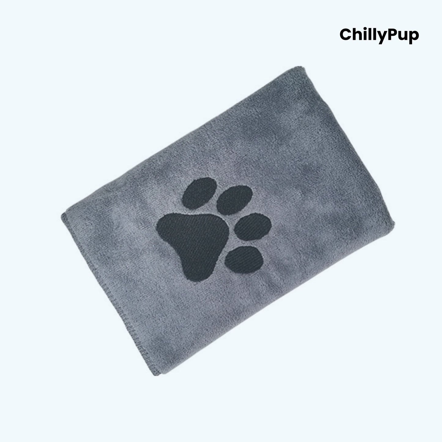 Grey towel with black paw print logo on a white background, branded 'ChillyPup'.