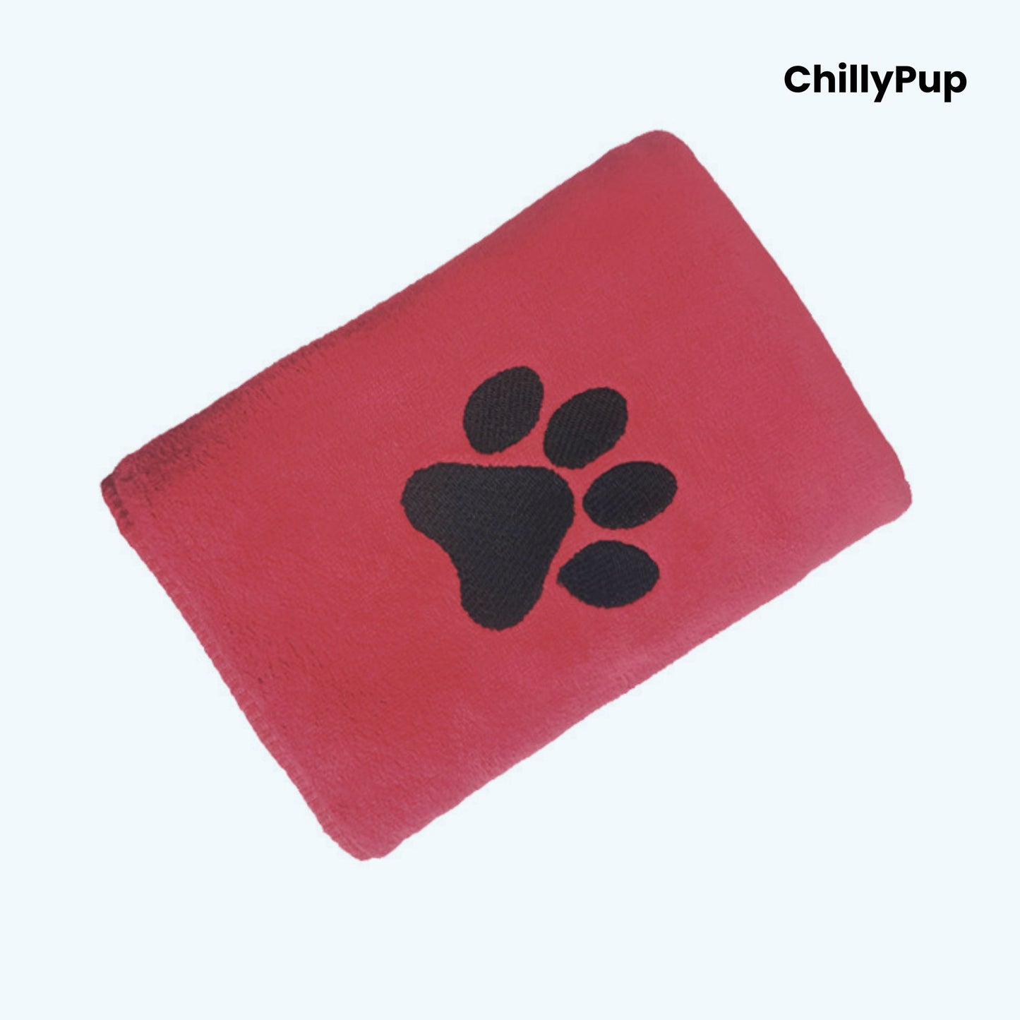 Red towel with black paw print logo on a white background, branded 'ChillyPup'.