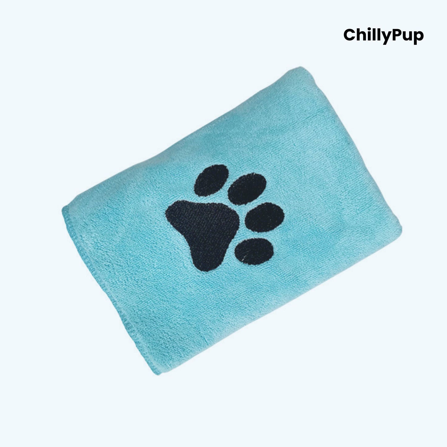 Blue towel with black paw print logo on a white background, branded 'ChillyPup'.