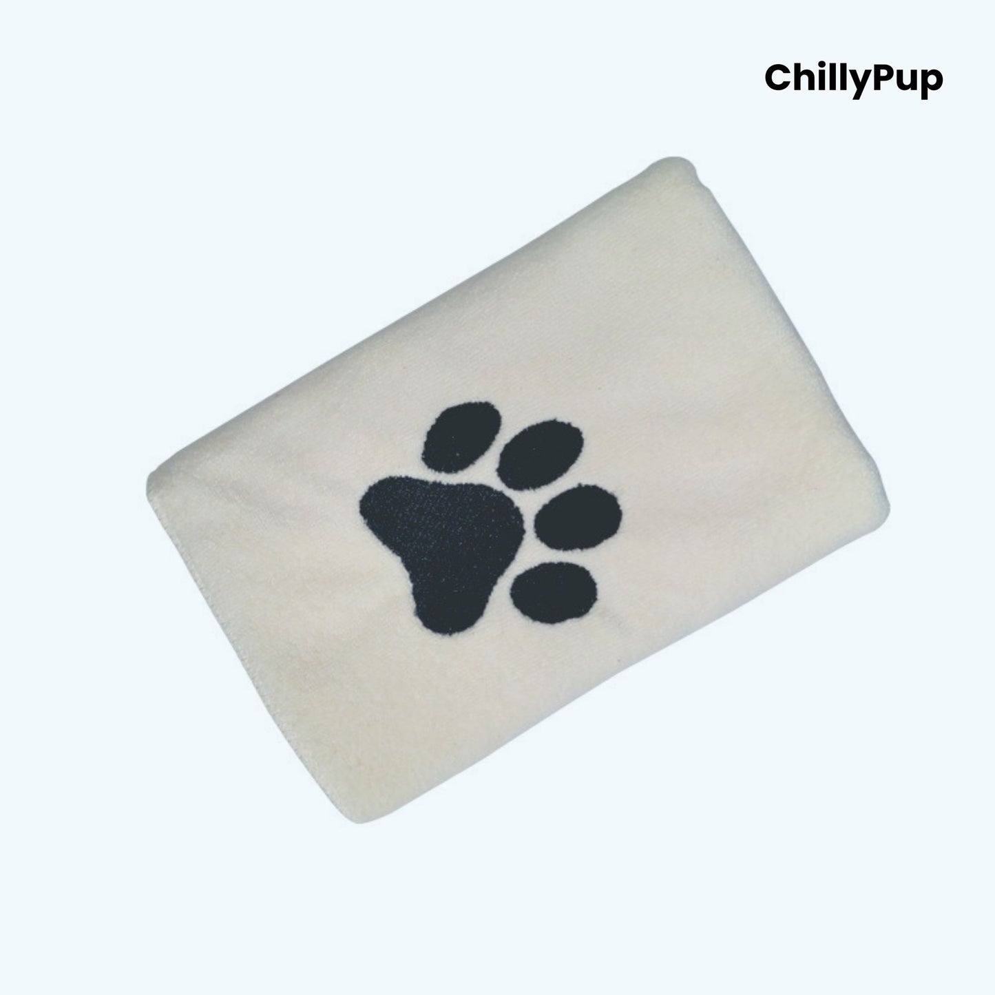 Beige towel with black paw print logo on a white background, branded 'ChillyPup'.