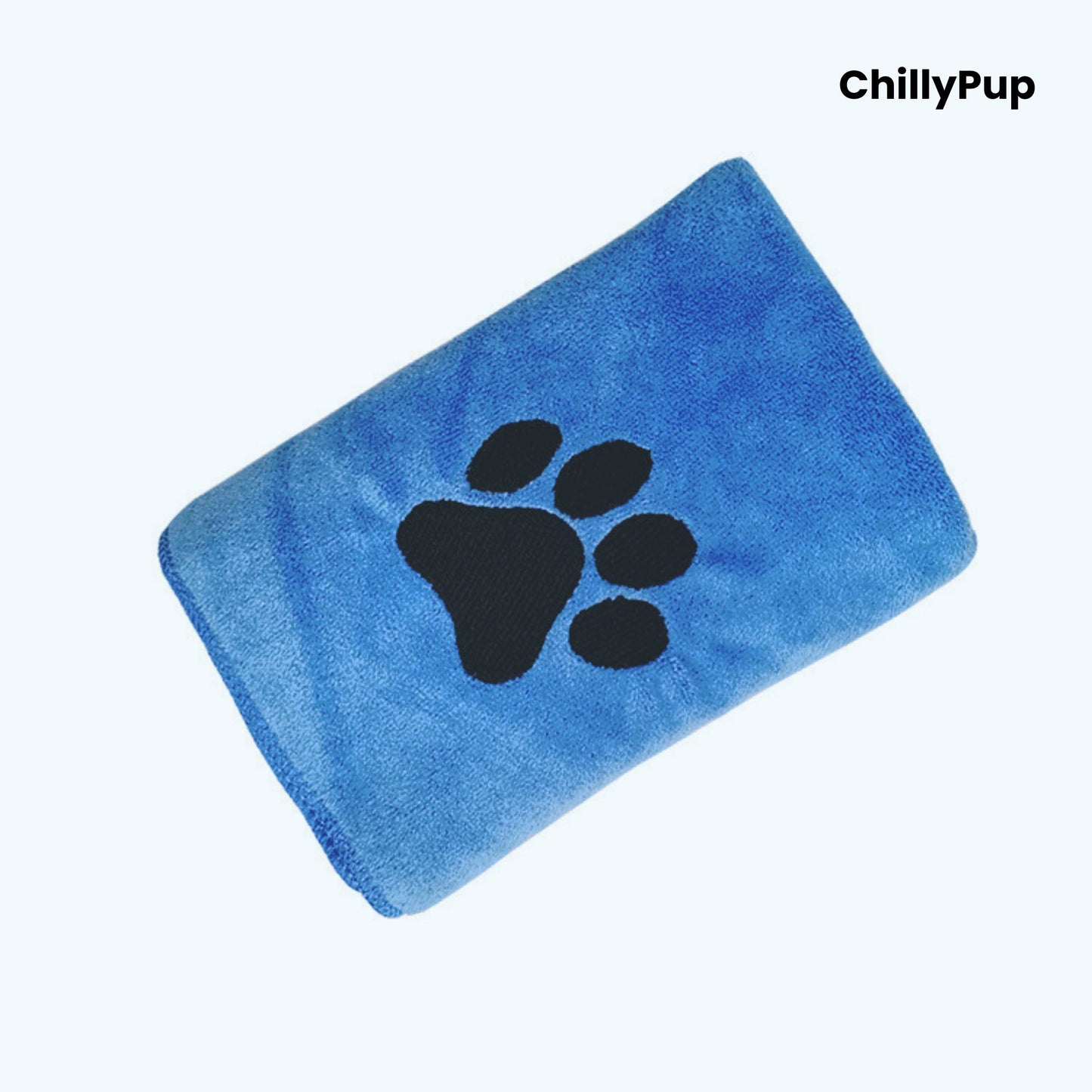 Blue towel with black paw print logo on a white background, branded 'ChillyPup'.