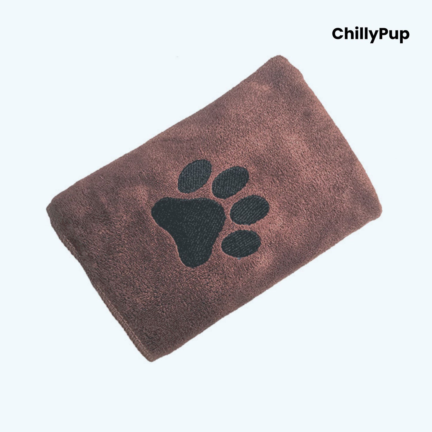 Brown towel with black paw print logo on a white background, branded 'ChillyPup'.