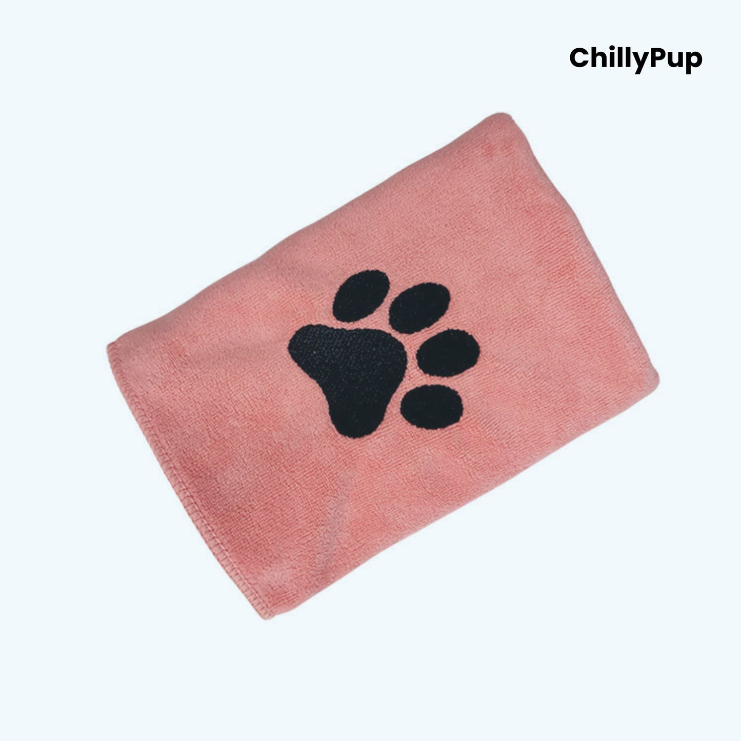Pink towel with black paw print logo on a white background, branded 'ChillyPup'.