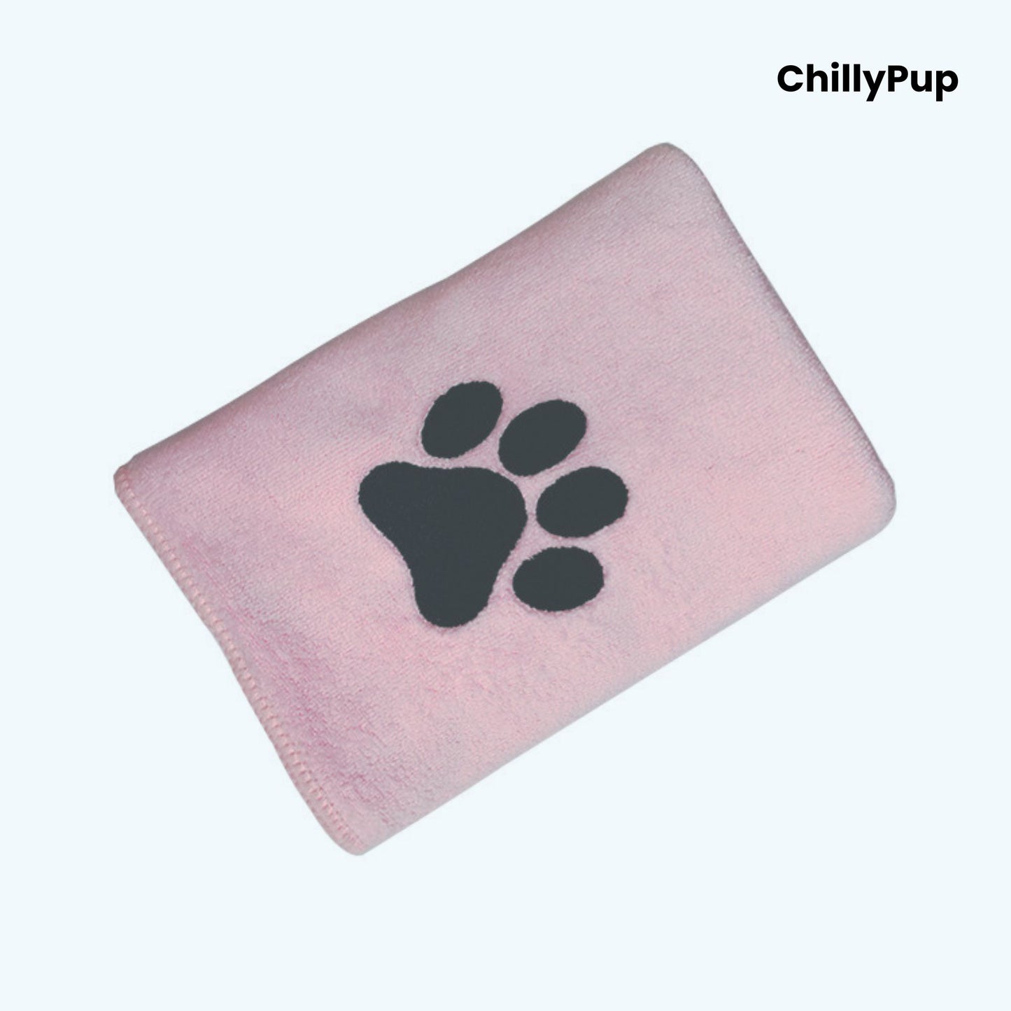 Pink towel with black paw print logo on a white background, branded 'ChillyPup'.