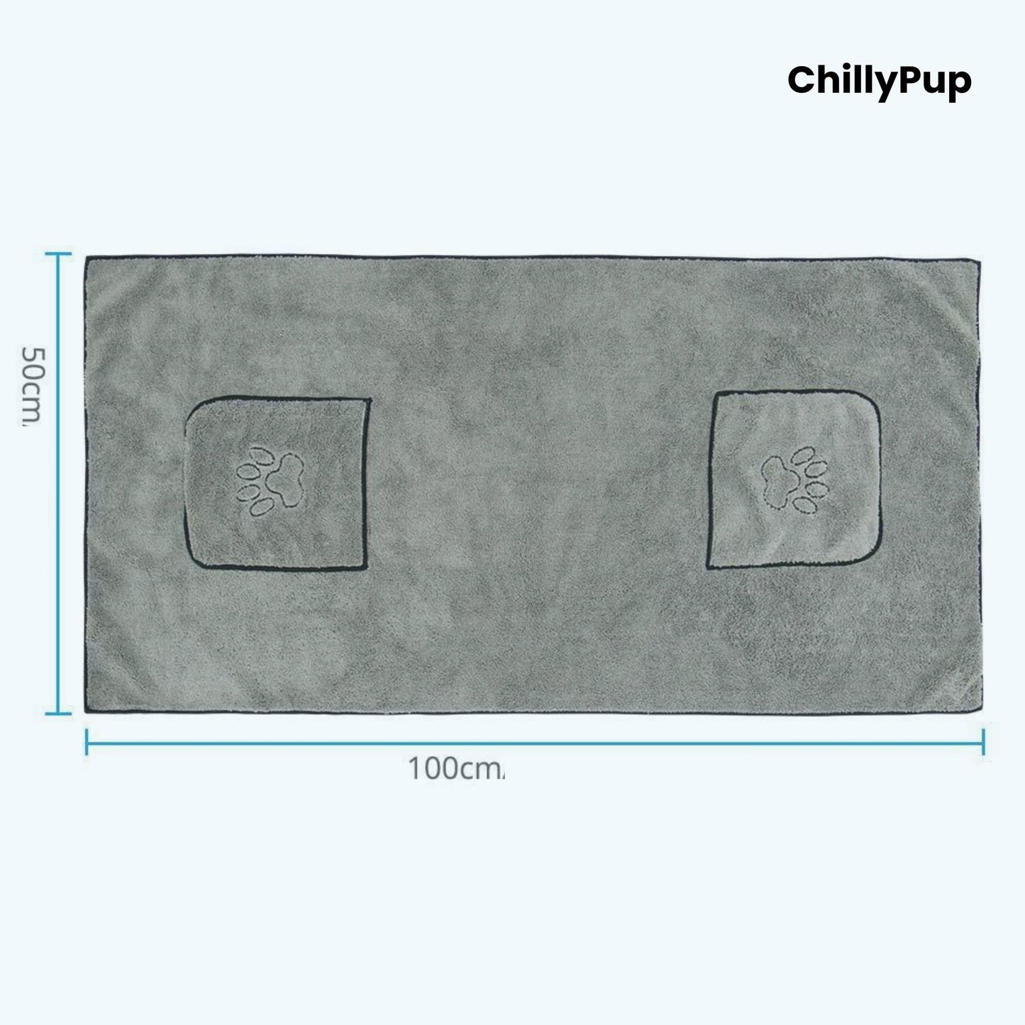 Gray towel with paw prints and measurements, branded 'ChillyPup'.