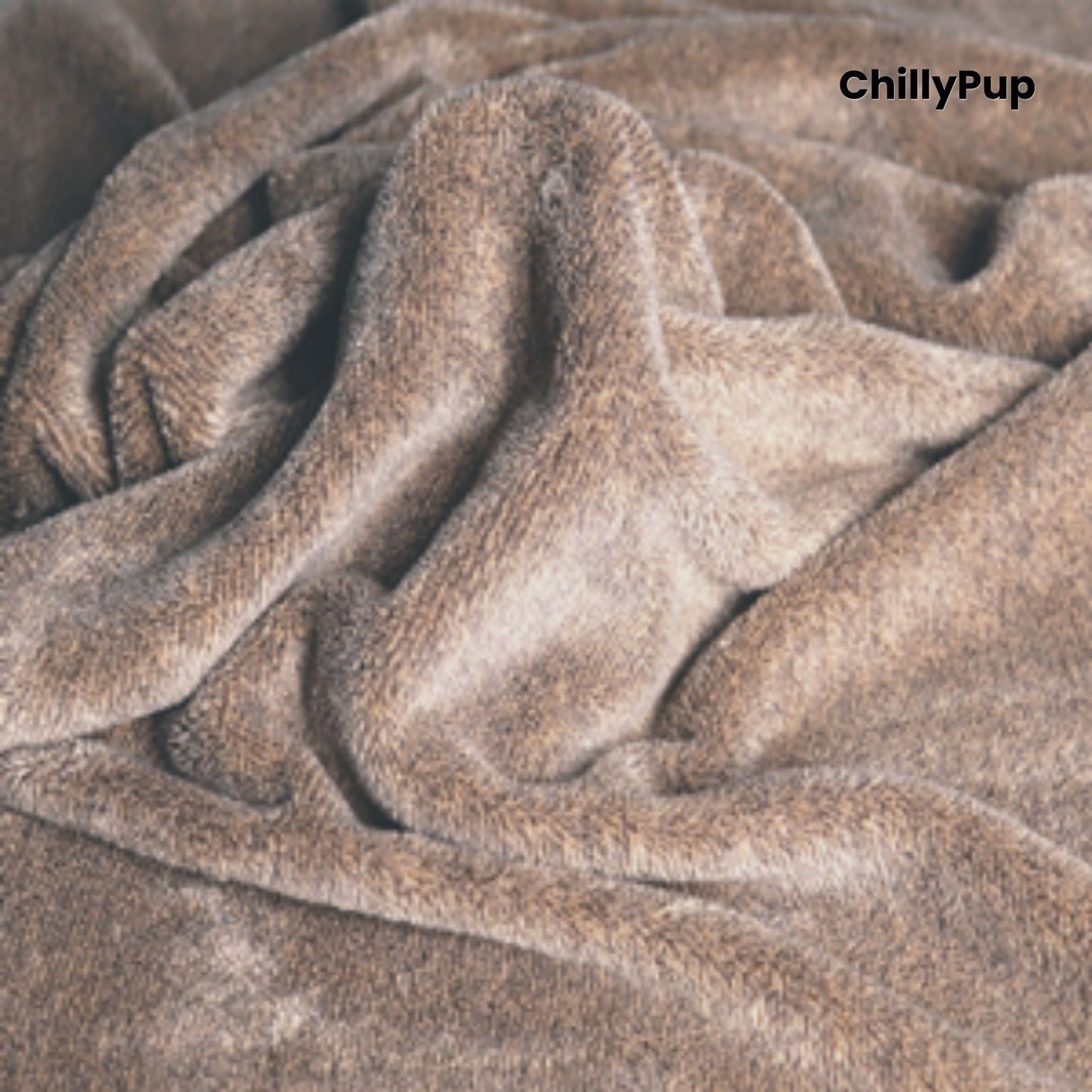 Close-up of brown textured fabric towel with 'ChillyPup' branding.