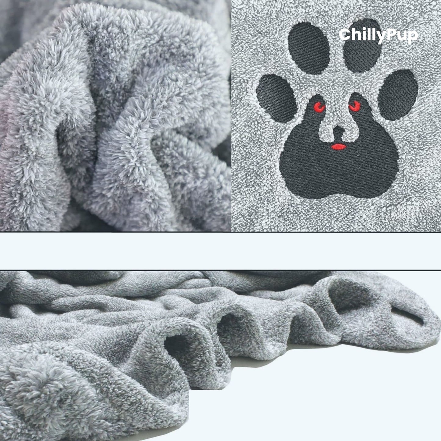 Grey textured towel with a paw print design and 'Chilly Pup' branding.