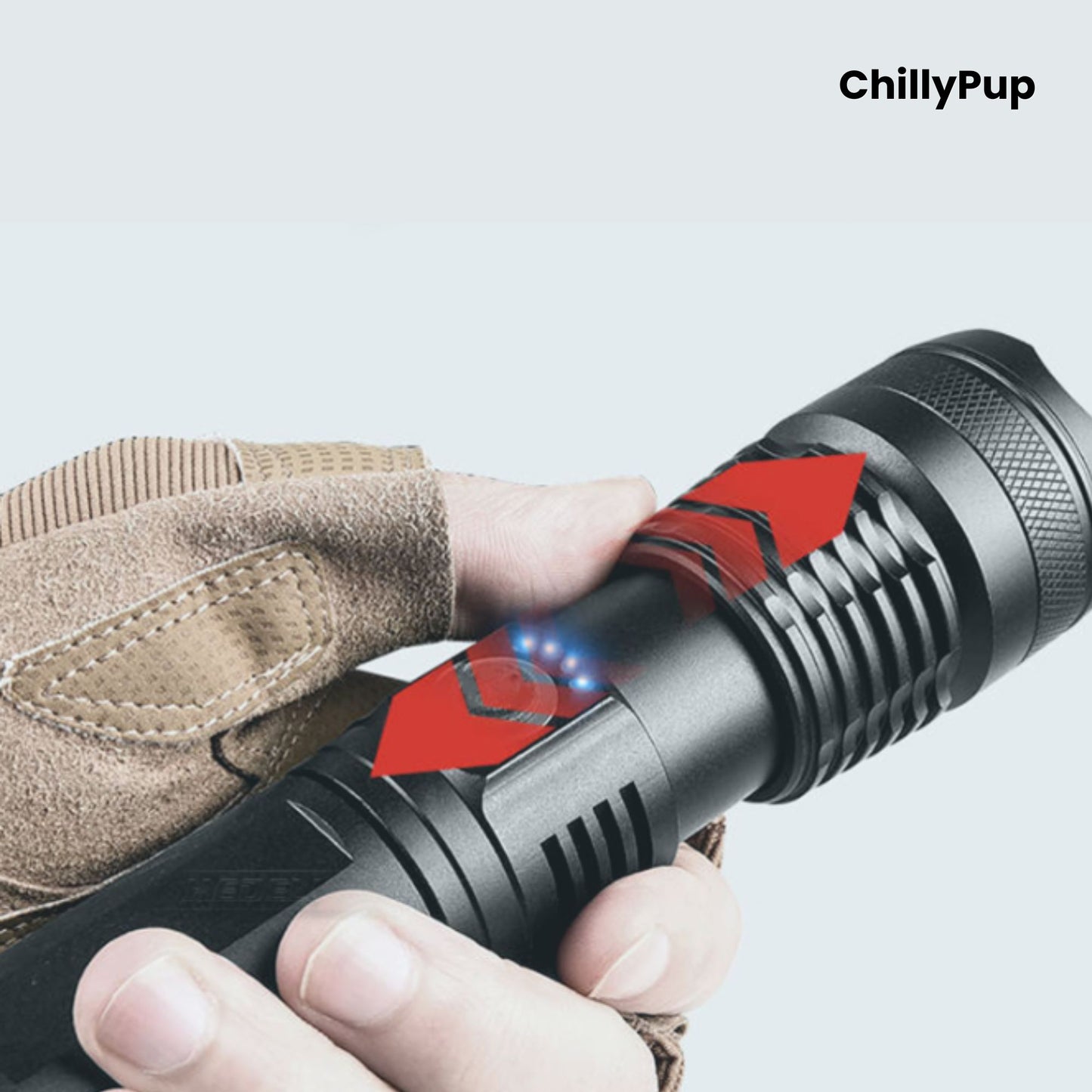 Black Torch with labelled features on a white background, branded 'ChillyPup'.