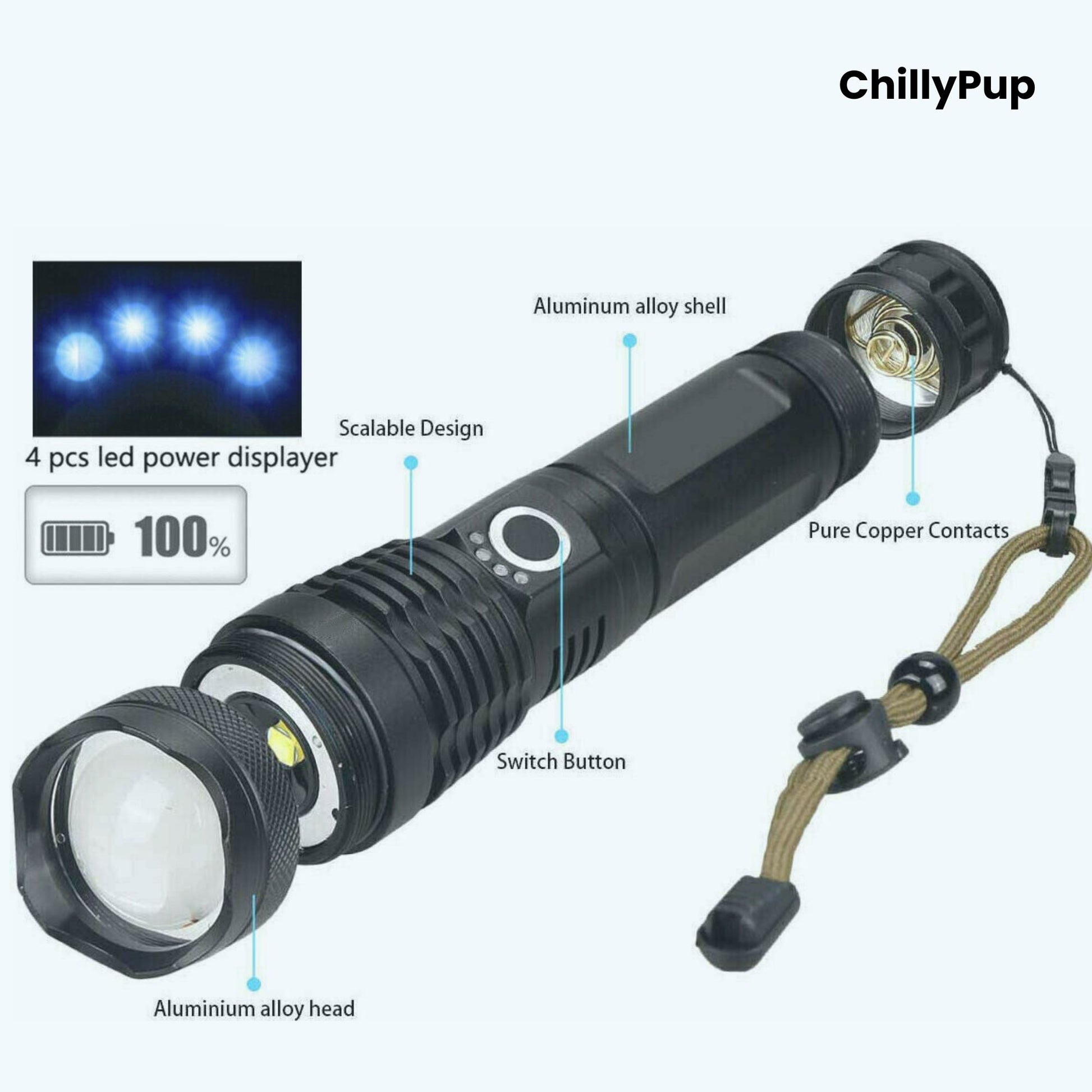 Black Torch with labelled features on a white background, branded 'ChillyPup'.