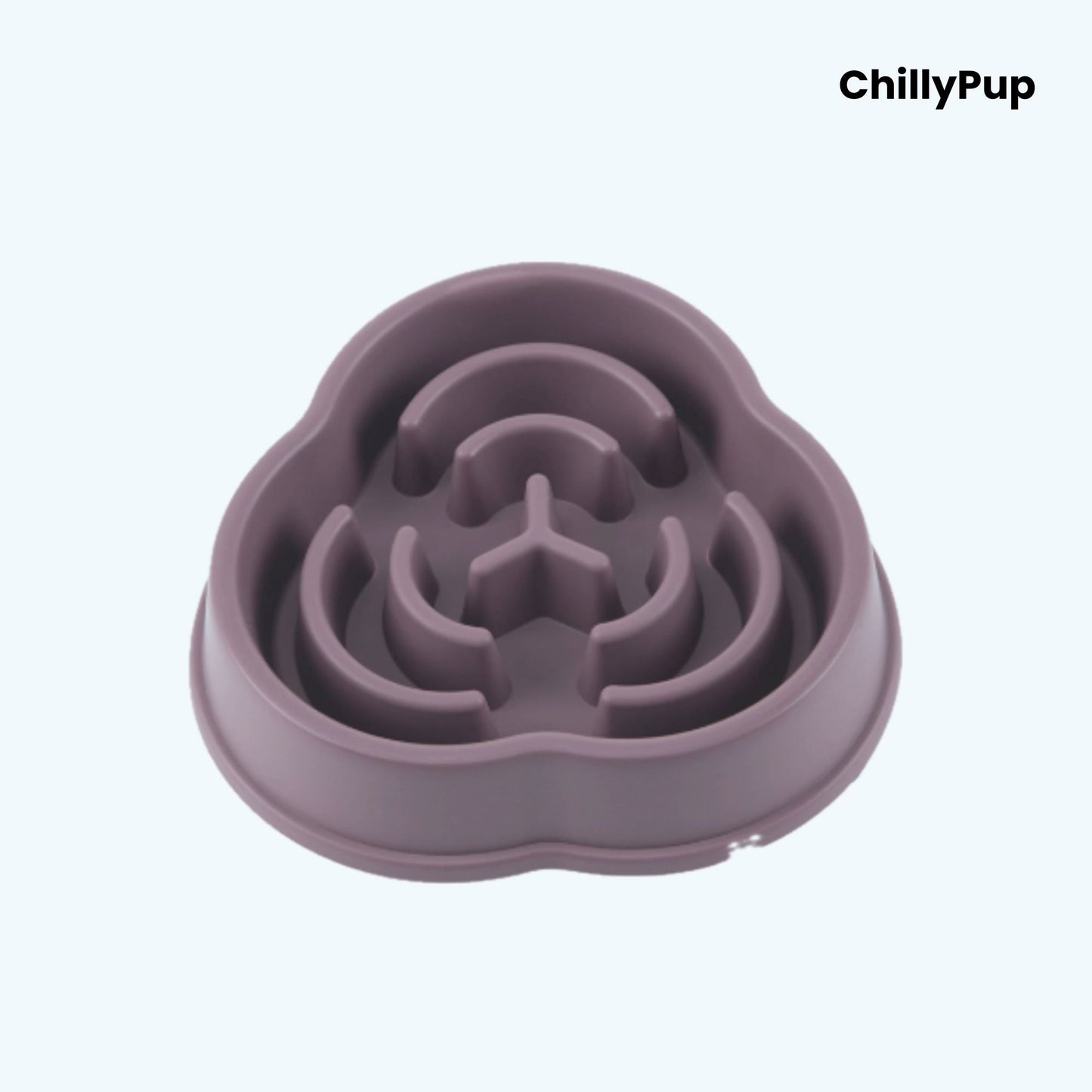 Purple silicone pet bowl with maze design on a light blue background, branded 'ChillyPup'.
