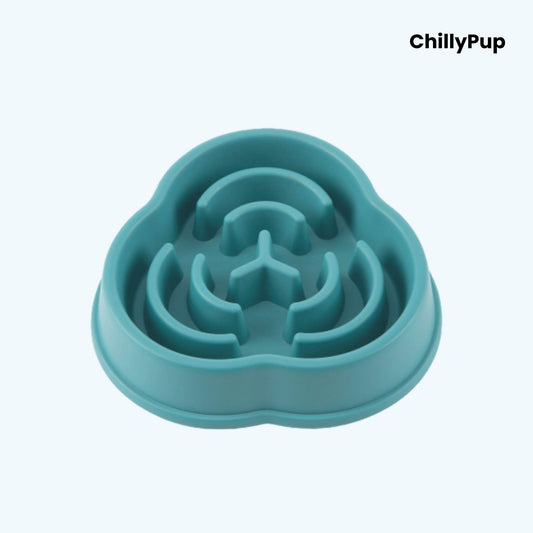 Teal silicone pet bowl with maze design on a light blue background, branded 'ChillyPup'.
