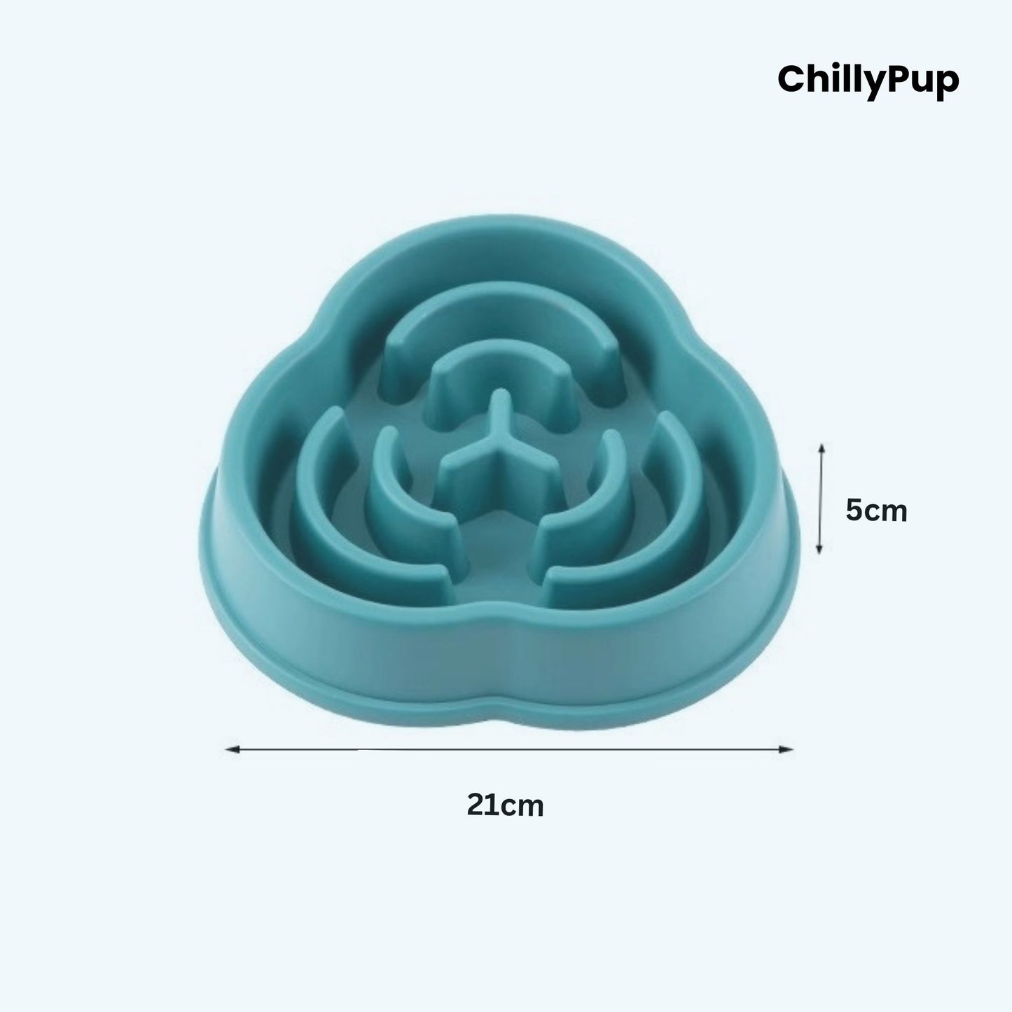 Blue pet slow feeder with dimensions on a white background, branded 'ChillyPup'.